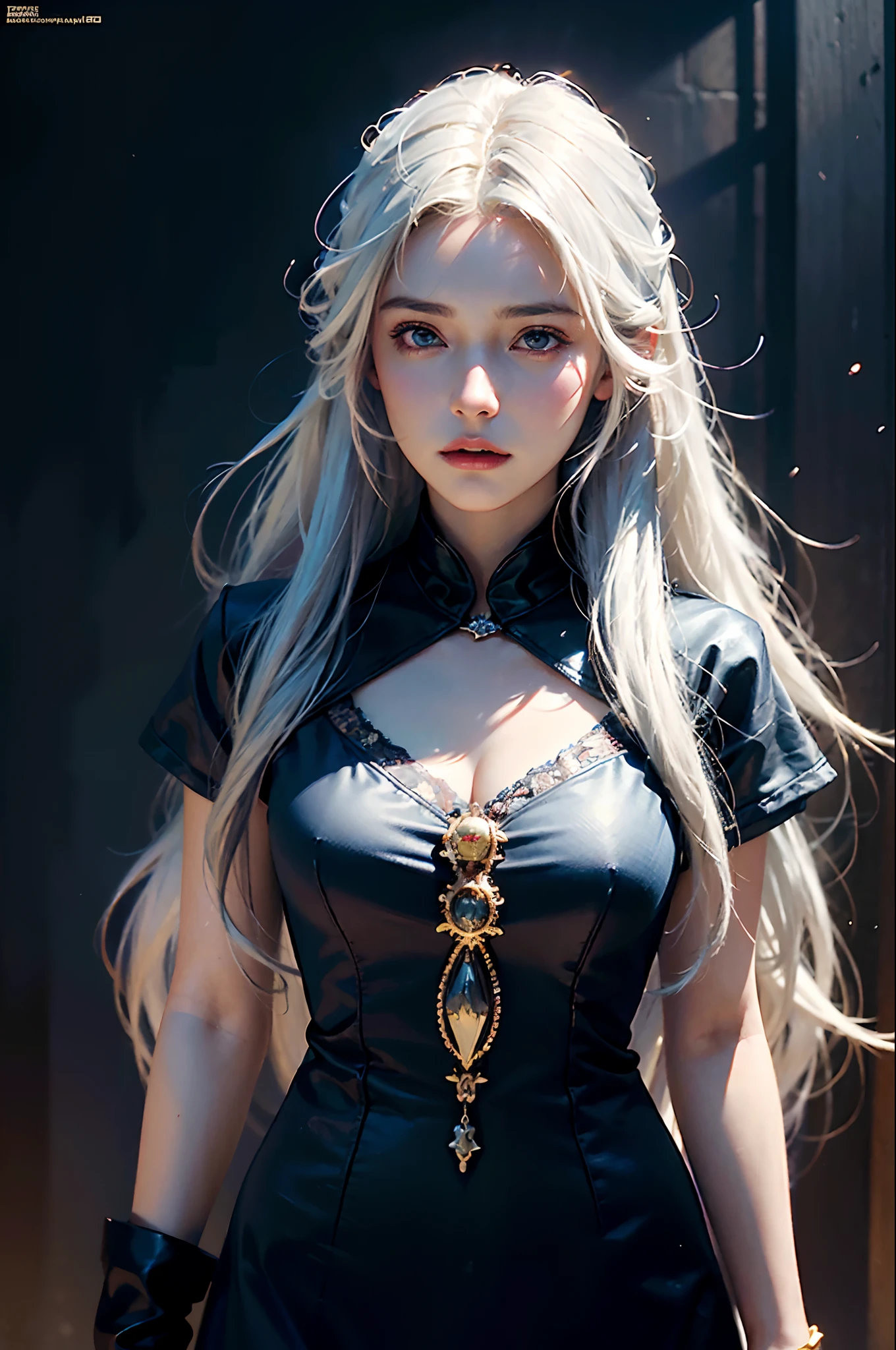 Hyperrealist portrait of female by david hockney and alphonse mucha,fantasy art, photo realistic, dynamic lighting, artstation, poster, volumetric lighting, very detailed faces, 4 k, award winning,, 1girl, in the dark, deep shadow, low key,cowboy shot,(official clothing:1.4) ,long hair,white hair,