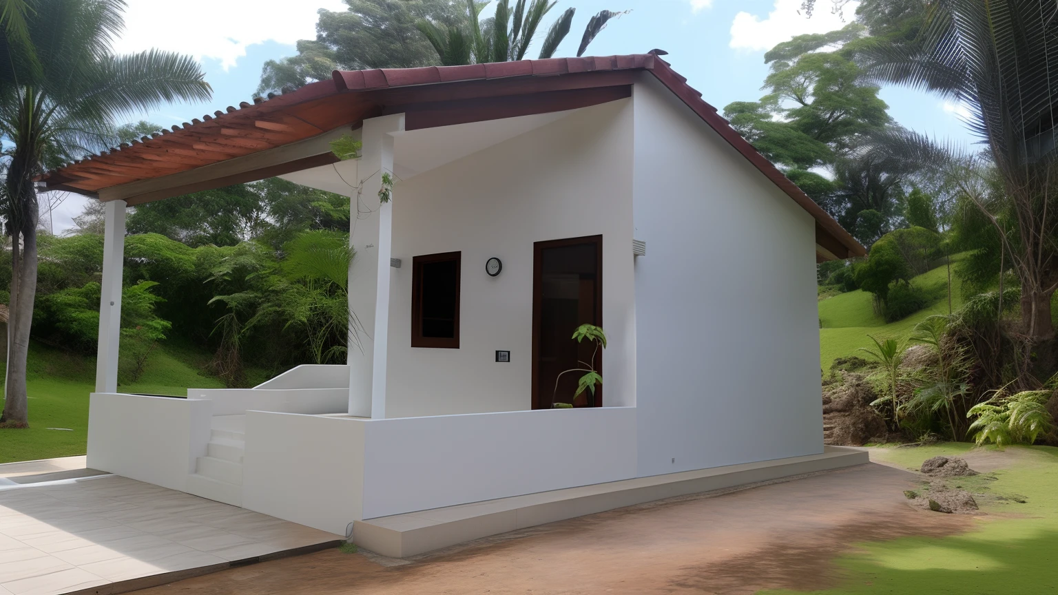 There is a small building with a roof and a window, Frente, Frente cheia, Vista frontal, casa completa, vista frontal, vista lateral frontal, vista externa, lado - vista, vista lateral, Front view, um tiro do meio da frente, front view dramatic, vista exterior, vista de lado, side view, imagem central, Vista lateral superior frontal, no meio da floresta com um rio ao lado.