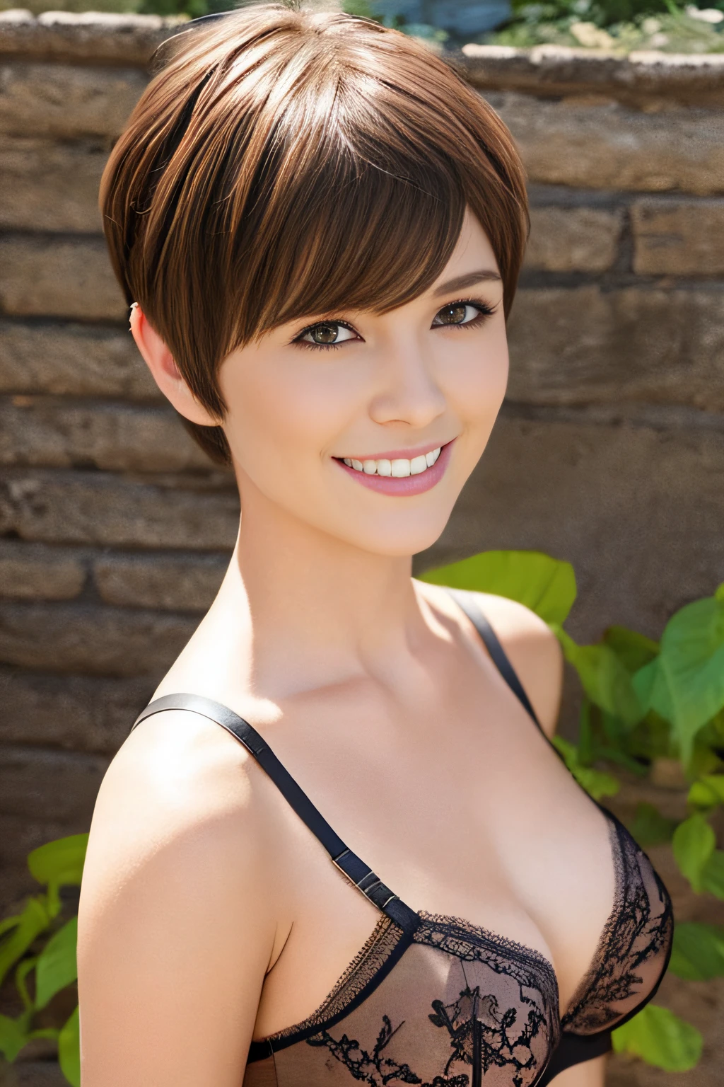 a pixie cut a smile Lingerie Brown hair Colossal tits