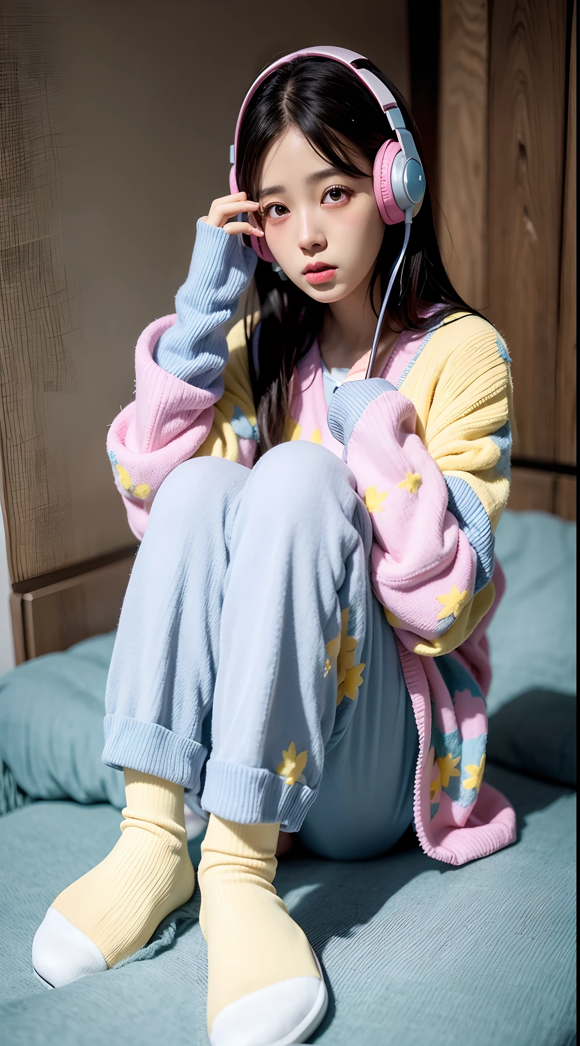 Alafe sitting on bed wearing headphones and sweater, colorful pastel, cute colorful adorable, ulzzangs, wearing pajama, wearing a baggy pajamas, lofi-girl, tzuyu from twice, soft cute colors, colorful pastel, Colorful mood, young and cute girl, pastel colors only, in pastel colors, pastel color, Bright pastel colors、Pastel and fluffy room、Pastel bed、