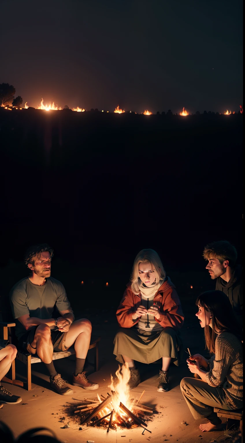 A few people, sitting around bonfire, at night, scared face.