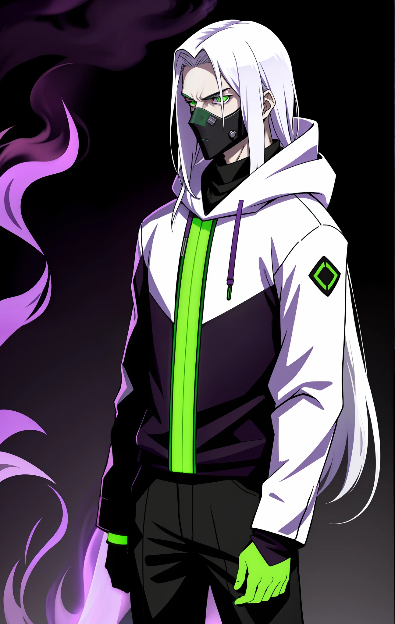 male, 20s, pale skin, long white hair, radiation containment suit, evil look, green eyes, very thin, sick, with hood, black suit, with purple smoke around, with purple scarf