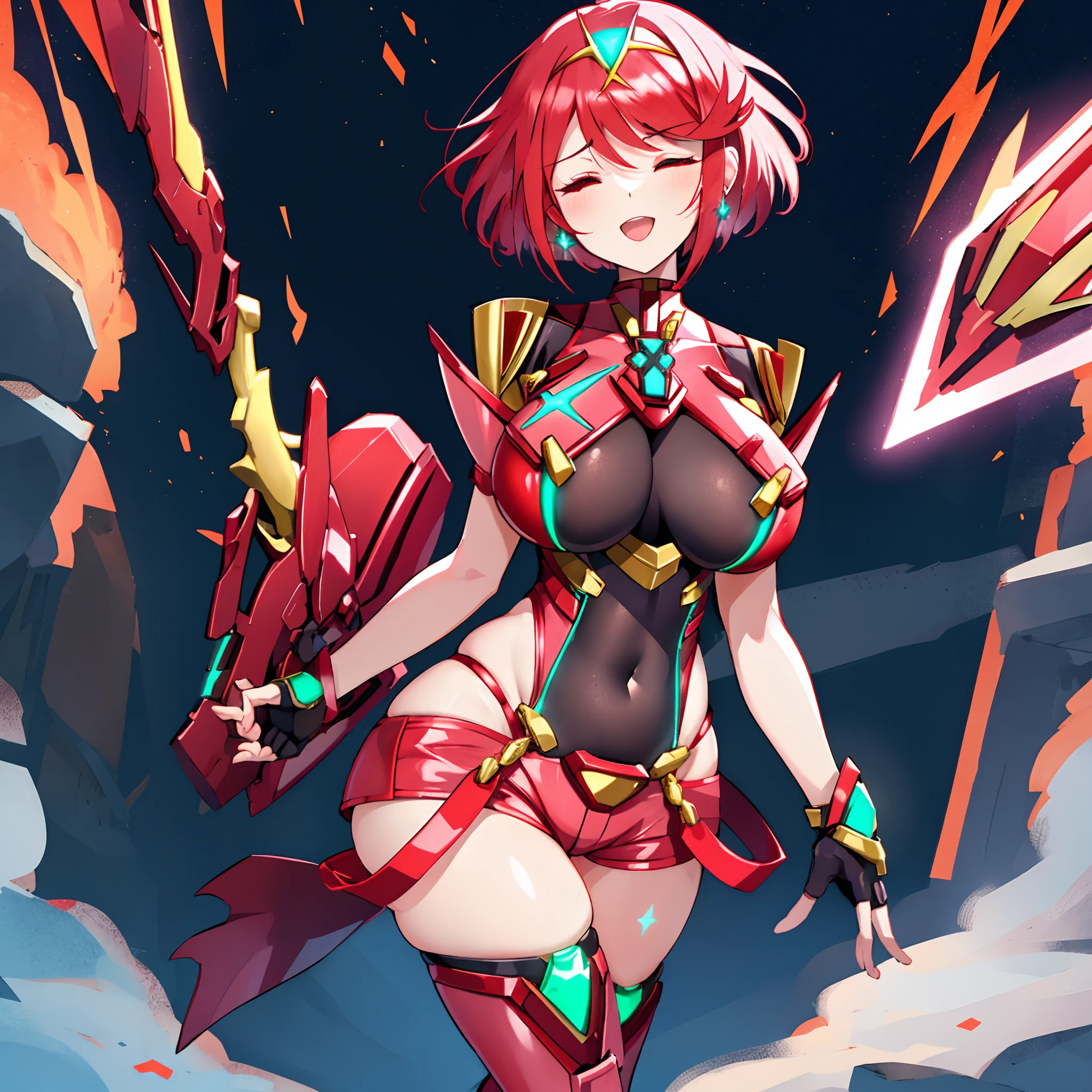 pyra \(xenoblade\), _1girl, armor, bangs, black gloves, breasts, red eyes, closed mouth, earrings, eyelashes, fingerless gloves, floating hair, framed breasts, gem, gloves, hair ornament, headpiece, jewelry, big_breasts, leaning back, leotard, neon trim, official art, pose, red hair, red shorts, saitou masatsugu, short hair, short shorts, short sleeves, shorts, sidelocks, skin tight, solo, standing, swept bangs, thighhighs, tiara, night_prairie_background, turtleneck, underbust, vambraces, xenoblade chronicles \(series\), (xenoblade chronicles 2), apart_legs, fire_effect,dynamic_pose_fighting,light_smile, (plump:1.1), big_ass,huge_sword, hold_large_sword_hilt, solo, covered_nipples, covered_pussy,open_mouth,closed_eyes,