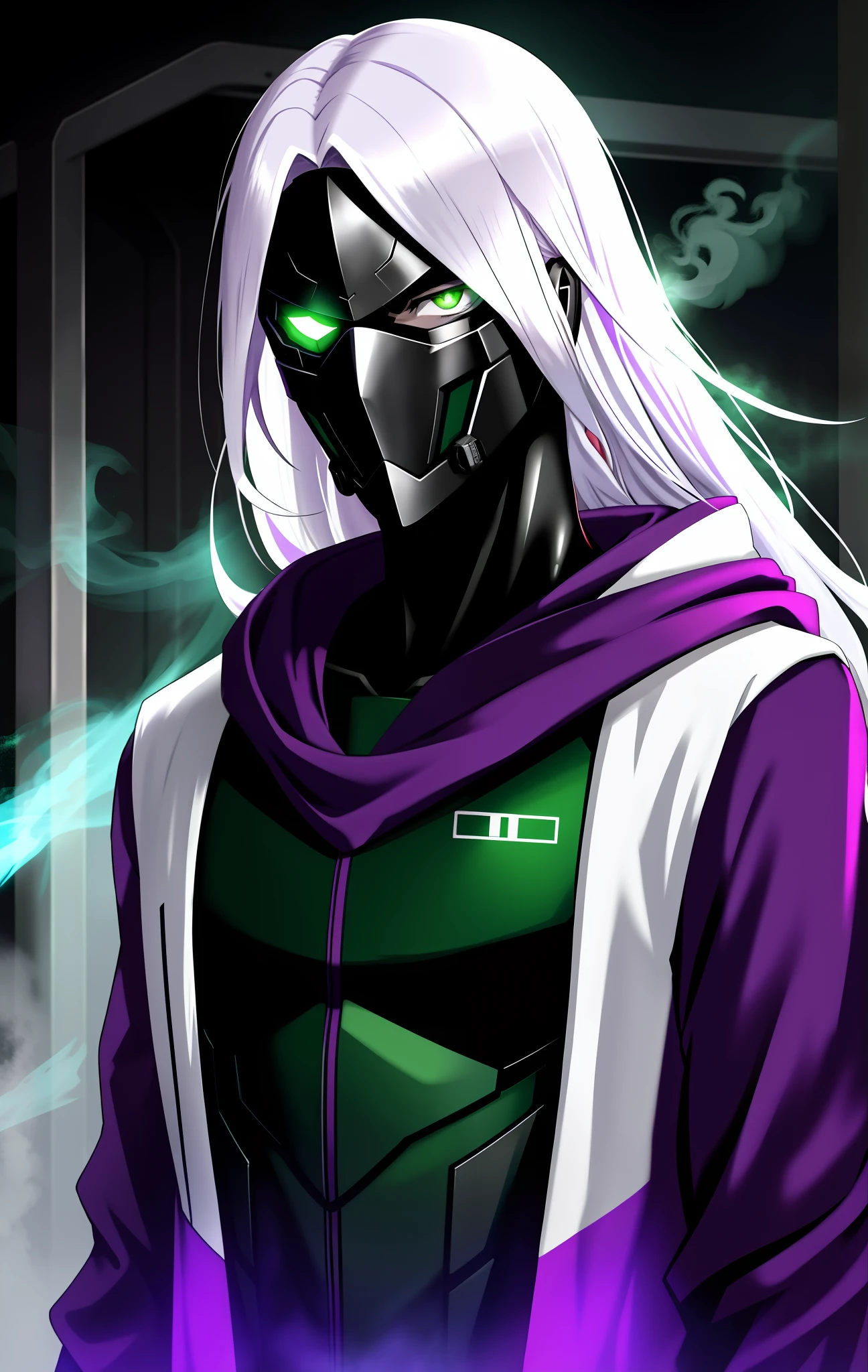 male, 20s, pale skin, long white hair, radiation containment suit, evil look, green eyes, very thin, ill, with hood, black suit, with purple smoke around, with purple scarf, wearing steel mask