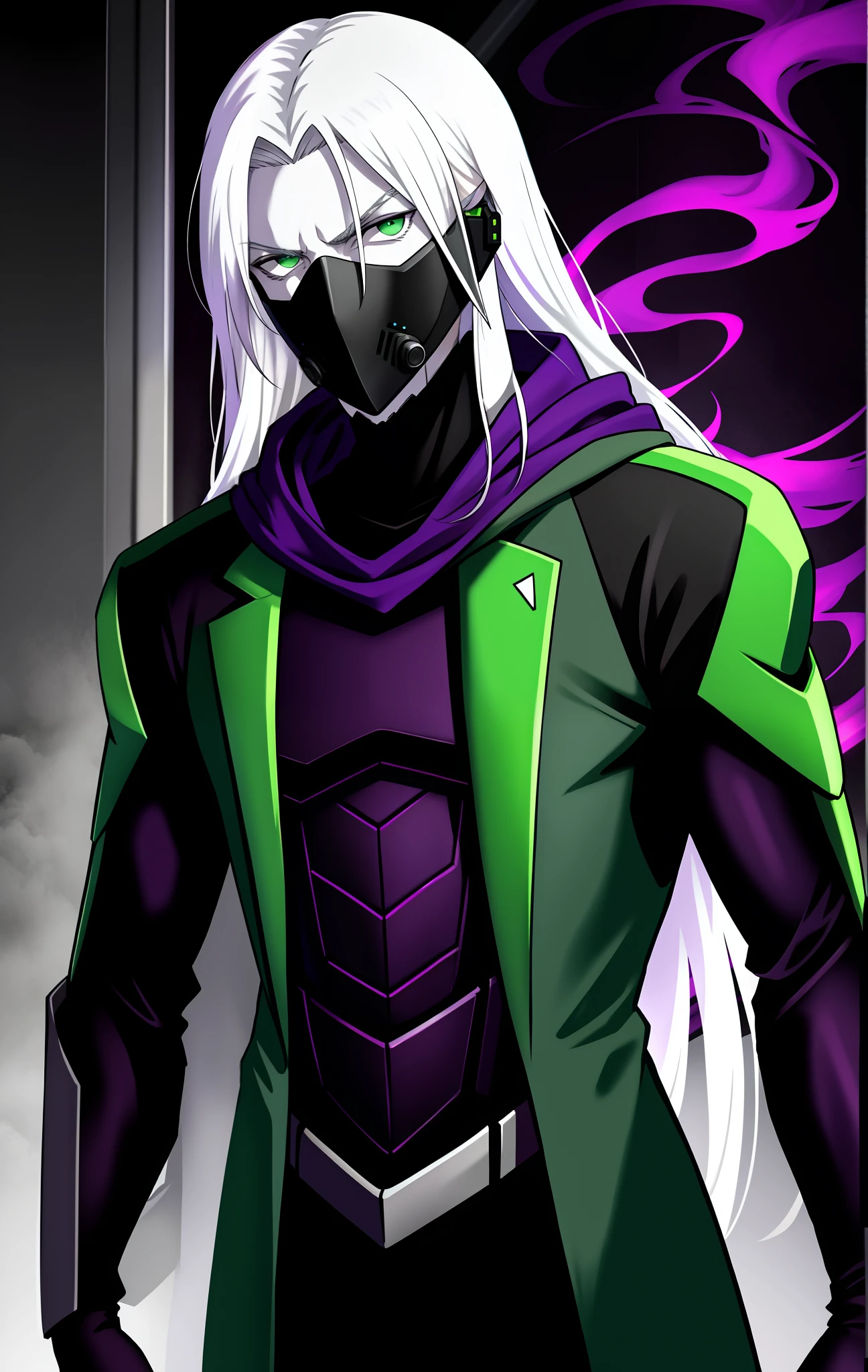 male, 20s, pale skin, long white hair, radiation containment suit, evil look, green eyes, very thin, ill, with hood, black suit, with purple smoke around, with purple scarf, wearing steel mask