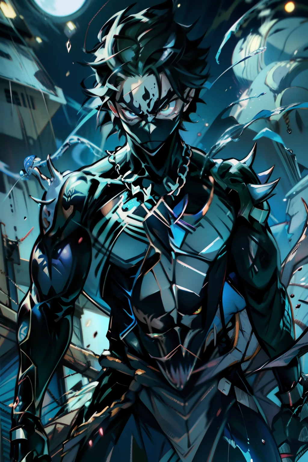 《the original god》Arataki Kazuto , male people， chest muscle， Sexy , Venom symbiote for your body, Black mucus of the body , into venom, venomize，Black bodysuit，（Cloak），Red cape，Abs，（Adult male）（（Venom possession，venom symbiote）），over-Tortoise Man，Battle damage，((Masterpiece)), ((Best quality)), Ultra detailed,((illustration)), Dynamic Angle, Detailed light, (Delicate eyes), Floating, 1boy, Male focus, Head, Clothing, Yellow eyes, necklace, tattoo, (Forehead:0.8), (ahoge:0.8), jewelry, brunette color hair,apathy，Ray， chest muscle， Sexy , Venom symbiote for your body, Black mucus of the body , （into venom）, Venom，frontage，Bust photo，White tight-fitting top，spiderman outfit，style of anime4 K， 4K anime wallpaper， Badass anime 8 K， 4 k comic wallpaper， young anime man， Anime boys， Anime wallpapers 4 k， Anime wallpaper 4K， High quality anime art style， Anime moe art style， Anime art wallpaper 8 K， Anime art wallpaper 4 K， RGB lighting，