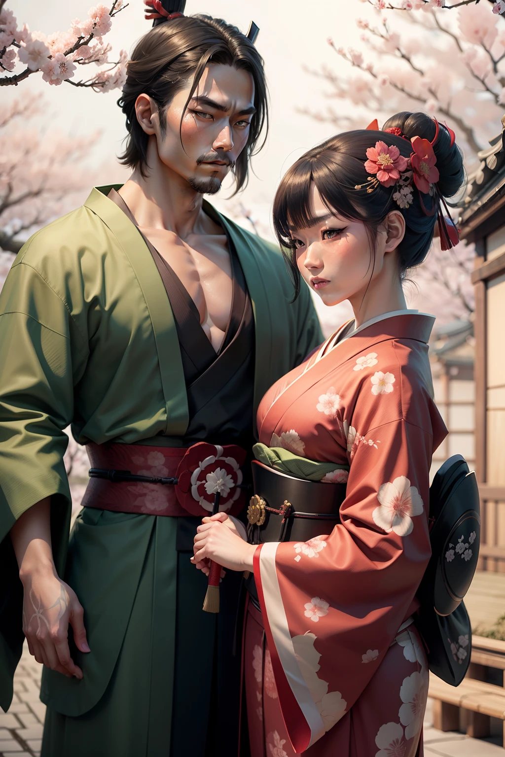 Samurai with green kimono draws his katana under a sakura tree in ukiyo-e style with a beautiful geisha woman