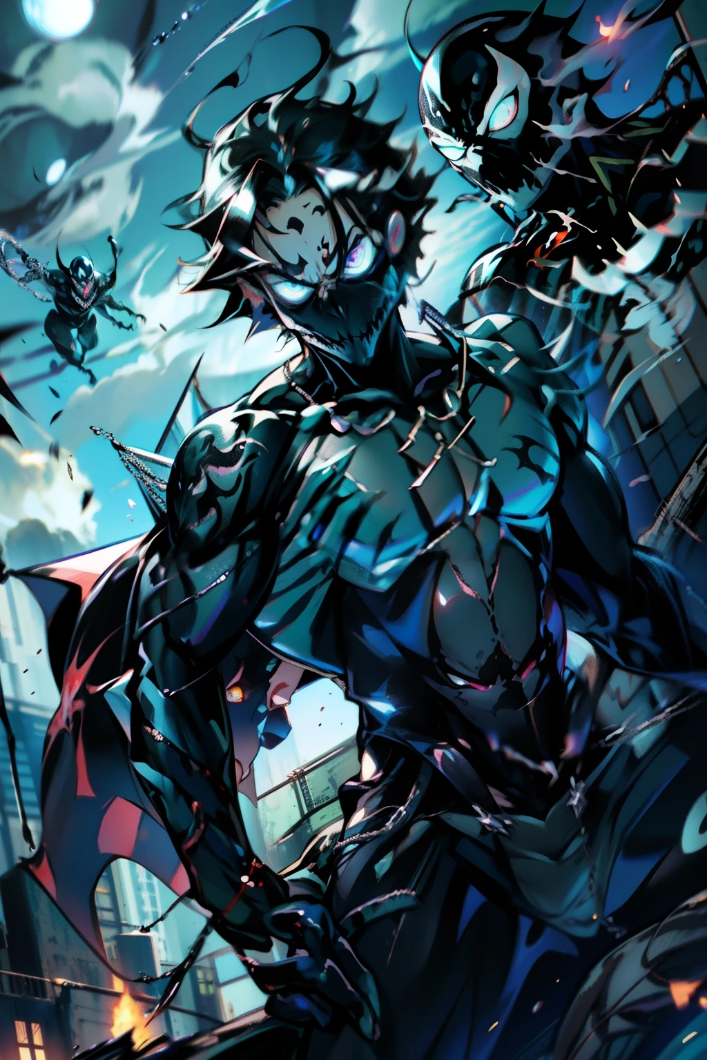 《the original god》Arataki Kazuto , male people, chest muscle, Sexy , Venom symbiote for your body, Black mucus of the body , into venom, venomize,Black bodysuit,(Cloak),Red cape,Abs,(Adult male)((Venom possession,venom symbiote)),over-Tortoise Man,Battle damage,((Masterpiece)), ((Best quality)), Ultra detailed,((illustration)), Dynamic Angle, Detailed light, (Delicate eyes), Floating, 1boy, Male focus, Head, Clothing, Yellow eyes, necklace, tattoo, (Forehead:0.8), (ahoge:0.8), jewelry, brunette color hair,apathy,Ray, chest muscle, Sexy , Venom symbiote for your body, Black mucus of the body , (into venom), Venom,frontage,Bust photo,White tight-fitting top,spiderman outfit,style of anime4 K, 4K anime wallpaper, Badass anime 8 K, 4 k comic wallpaper, young anime man, Anime boys, Anime wallpapers 4 k, Anime wallpaper 4K, High quality anime art style, Anime moe art style, Anime art wallpaper 8 K, Anime art wallpaper 4 K, RGB lighting,