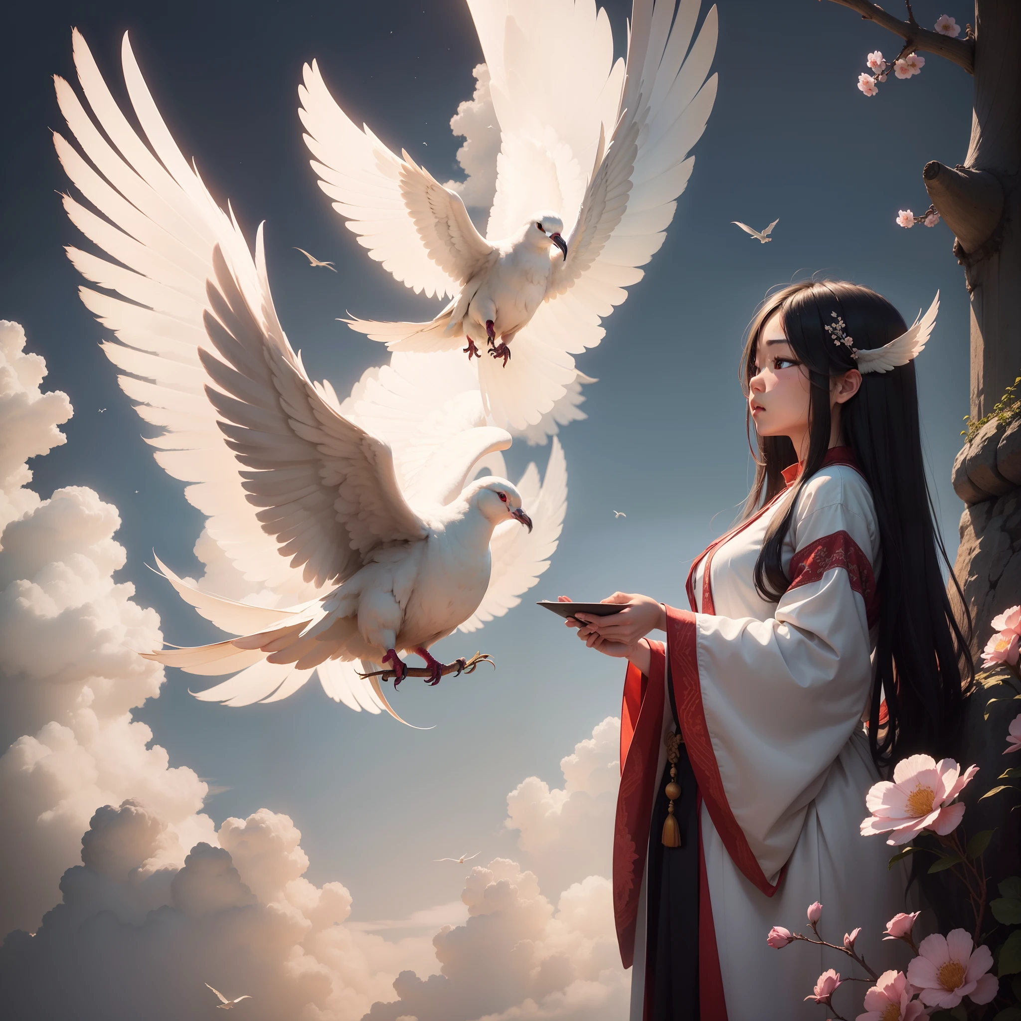 A beautiful Asian girl, holding her palms up, waiting for a white dove to land on her palms like a Muse to inspire her to create.