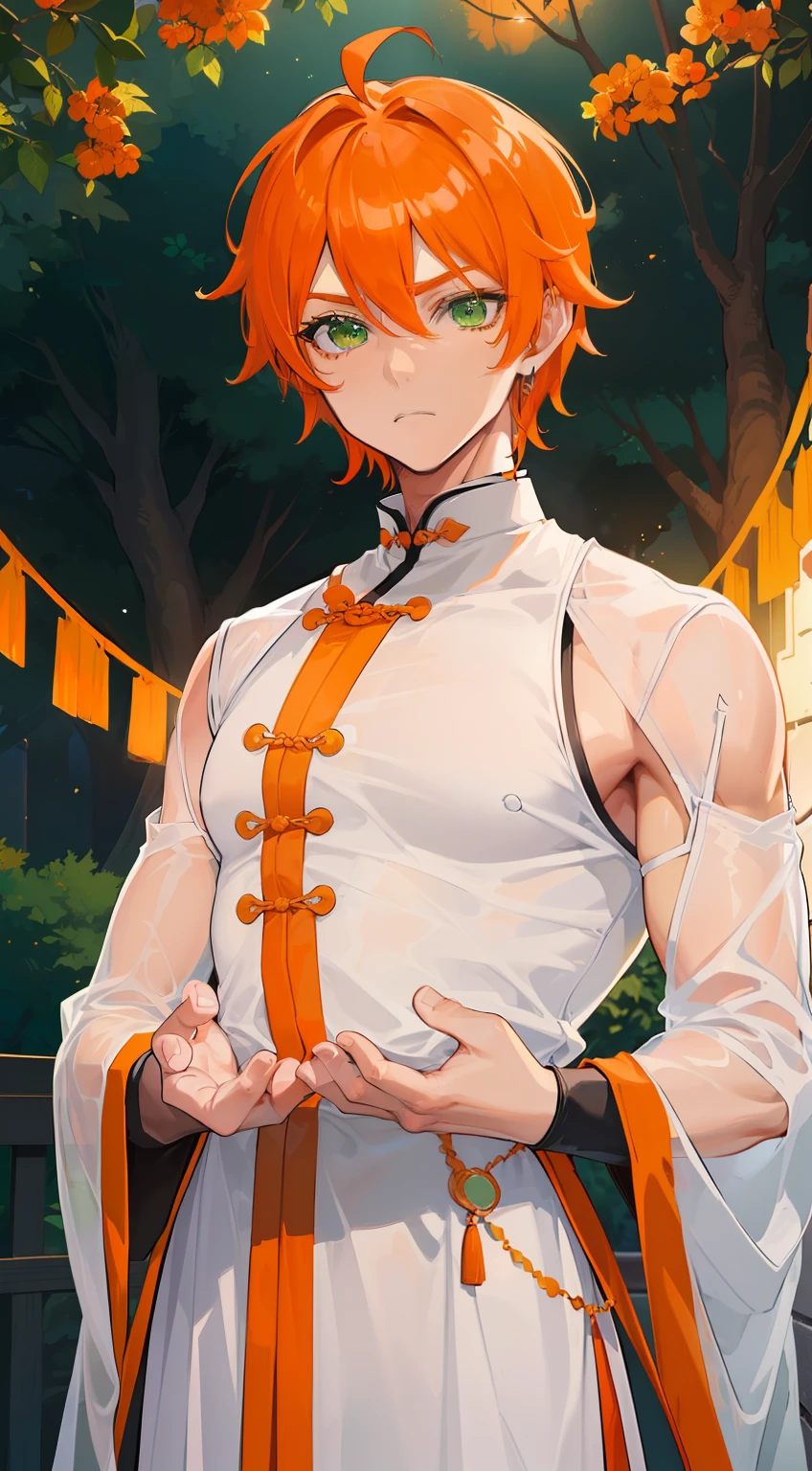 (((Guy))), (((man))), (((Man's))),(((masutepiece))), (((Beautiful lighting))),(((muscular))),(((man))),(((40 years),(((Green eyes))),(((Orange hair))), Male face,male eyebrows, Male Eyes, Eyelashes, Medium Hair,Beautiful face, v shaped_eyebrow,White skin,Transparent wings,Chinese_Clothes,(((Black clothes,)))garters_lanyard, See-through,The light of the Buddha shines, holy,