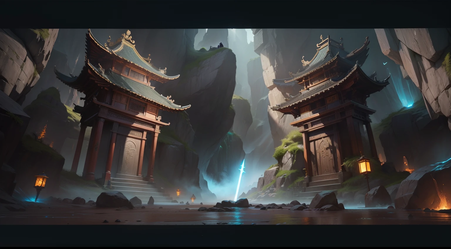 Hidden caves,An air of mystery,A sword shining with a strange light is being inserted into a magnificent throne,ancient wind,cultivating immortals,Xianxia,8k,high qulity,high detal,unmanned,unhuman,
