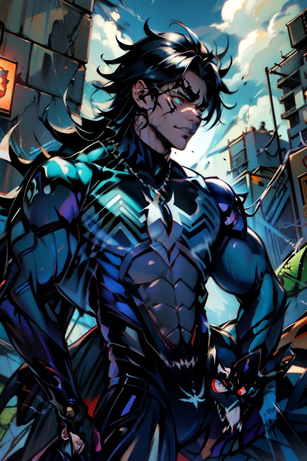 《the original god》Arataki Kazuto , male people, chest muscle, Sexy , Venom symbiote for your body, Black mucus of the body , into venom, venomize,Black bodysuit,(Cloak),Red cape,Abs,(Adult male)((Venom possession,venom symbiote)),over-Tortoise Man,Battle damage,((Masterpiece)), ((Best quality)), Ultra detailed,((illustration)), Dynamic Angle, Detailed light, (Delicate eyes), Floating, 1boy, Male focus, Head, Clothing, Yellow eyes, necklace, tattoo, (Forehead:0.8), (ahoge:0.8), jewelry, brunette color hair,apathy,Ray, chest muscle, Sexy , Venom symbiote for your body, Black mucus of the body , (into venom), Venom,frontage,Bust photo,White tight-fitting top,spiderman outfit,style of anime4 K, 4K anime wallpaper, Badass anime 8 K, 4 k comic wallpaper, young anime man, Anime boys, Anime wallpapers 4 k, Anime wallpaper 4K, High quality anime art style, Anime moe art style, Anime art wallpaper 8 K, Anime art wallpaper 4 K, RGB lighting,