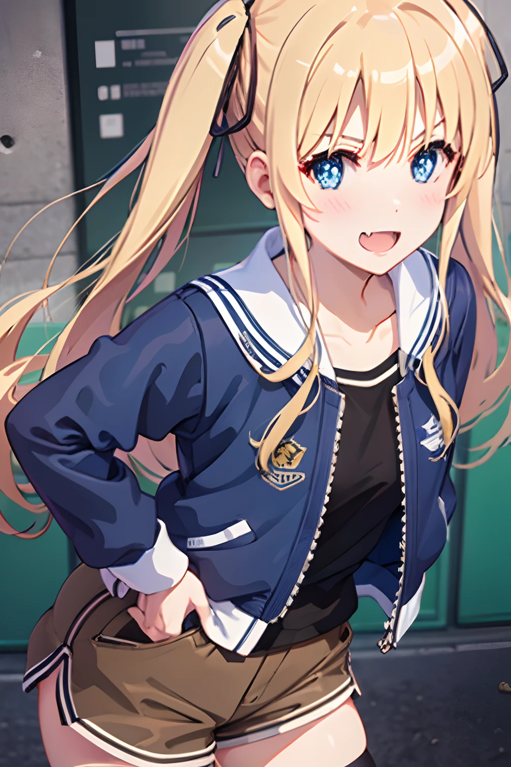 ph_eriri, 1girl, sawamura spencer eriri, solo, thighhighs, blonde hair, twintails, blue eyes, fang, long hair, shorts, open mouth, black thighhighs, smile, letterman jacket, hair ribbon, :d, jacket, hand on hip, black ribbon, indoss, brown shorts, skin fang, blush, from below
, (masterpiece:1.6, best quality), (finely detailed beautiful eyes: 1.2),