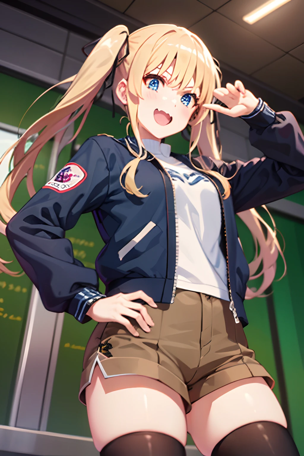 ph_eriri, 1girl, sawamura spencer eriri, solo, thighhighs, blonde hair, twintails, blue eyes, fang, long hair, shorts, open mouth, black thighhighs, smile, letterman jacket, hair ribbon, :d, jacket, hand on hip, black ribbon, indoss, brown shorts, skin fang, blush, from below
, (masterpiece:1.6, best quality), (finely detailed beautiful eyes: 1.2),