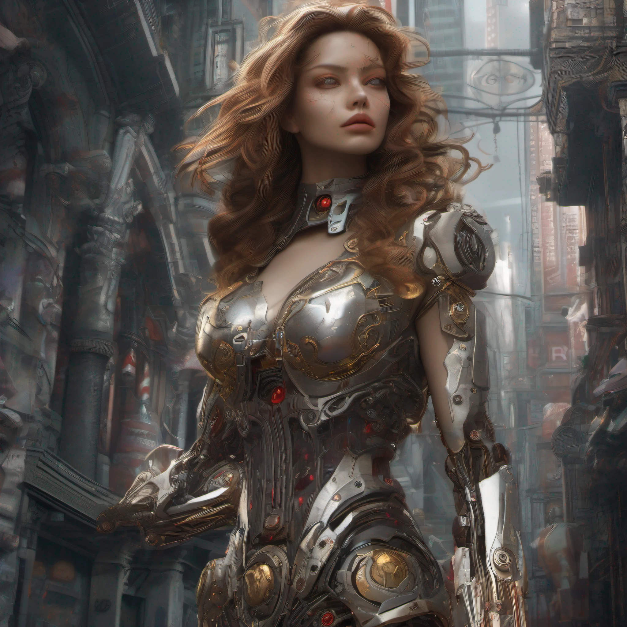 (((Full action poses, Full body woman, cyborg robot))). a beautiful cyborg female girl living in a futuristic city, with a human face that thinks deeply ,sculpted in art nouveau style , gear machinery, intricate, volumetric lighting, beautiful, rich deep colors masterpiece, sharp focus, ultra detailed, sf, intricate artwork masterpiece, ominous, matte painting movie poster, golden ratio, vapor wave style , trending on cgsociety, intricate, epic, trending on artstation, art nouveau , rodin sculptor , ard style , highly detailed, vibrant, production cinematic character render, ultra high quality model, sigma 135mm lens, amaryllis around, (((face to face: 1.6))), complex background, dynamic camera angle, blood rain behind , (war zone), (((high quality detailed ruins))), (depth of field), ((cinematic lighting)), ((horror)), ((dark fantasy)), lovecraftian, spot color, monotone, Red, blood splatter, (best illumination), (hyper intricate details), ((ultra-detailed)), 4k unity , (extremely detailed CG:1.2), (8k:1.1), ((landscape)), Artstation, ((by sui ishida, by Wenjun Lin, by stefan morrell)), dystopian art, apocalyptic art, ((semi-realism), (realism), (dynamic), (nixeu_basic2:0.5)