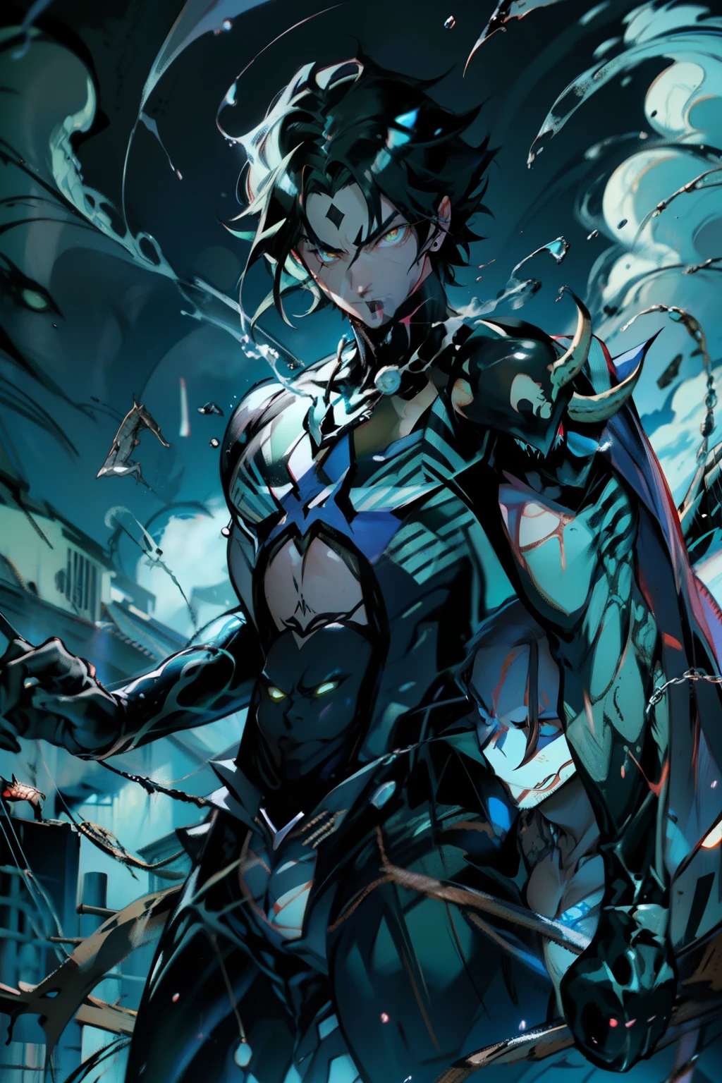 《the original god》Arataki Kazuto , male people, chest muscle, Sexy , Venom symbiote for your body, Black mucus of the body , into venom, venomize,Black bodysuit,(Cloak),Red cape,Abs,(Adult male)((Venom possession,venom symbiote)),over-Tortoise Man,Battle damage,((Masterpiece)), ((Best quality)), Ultra detailed,((illustration)), Dynamic Angle, Detailed light, (Delicate eyes), Floating, 1boy, Male focus, Head, Clothing, Yellow eyes, necklace, tattoo, (Forehead:0.8), (ahoge:0.8), jewelry, brunette color hair,apathy,Ray, chest muscle, Sexy , Venom symbiote for your body, Black mucus of the body , (into venom), Venom,frontage,Bust photo,White tight-fitting top,spiderman outfit,style of anime4 K, 4K anime wallpaper, Badass anime 8 K, 4 k comic wallpaper, young anime man, Anime boys, Anime wallpapers 4 k, Anime wallpaper 4K, High quality anime art style, Anime moe art style, Anime art wallpaper 8 K, Anime art wallpaper 4 K, RGB lighting,
