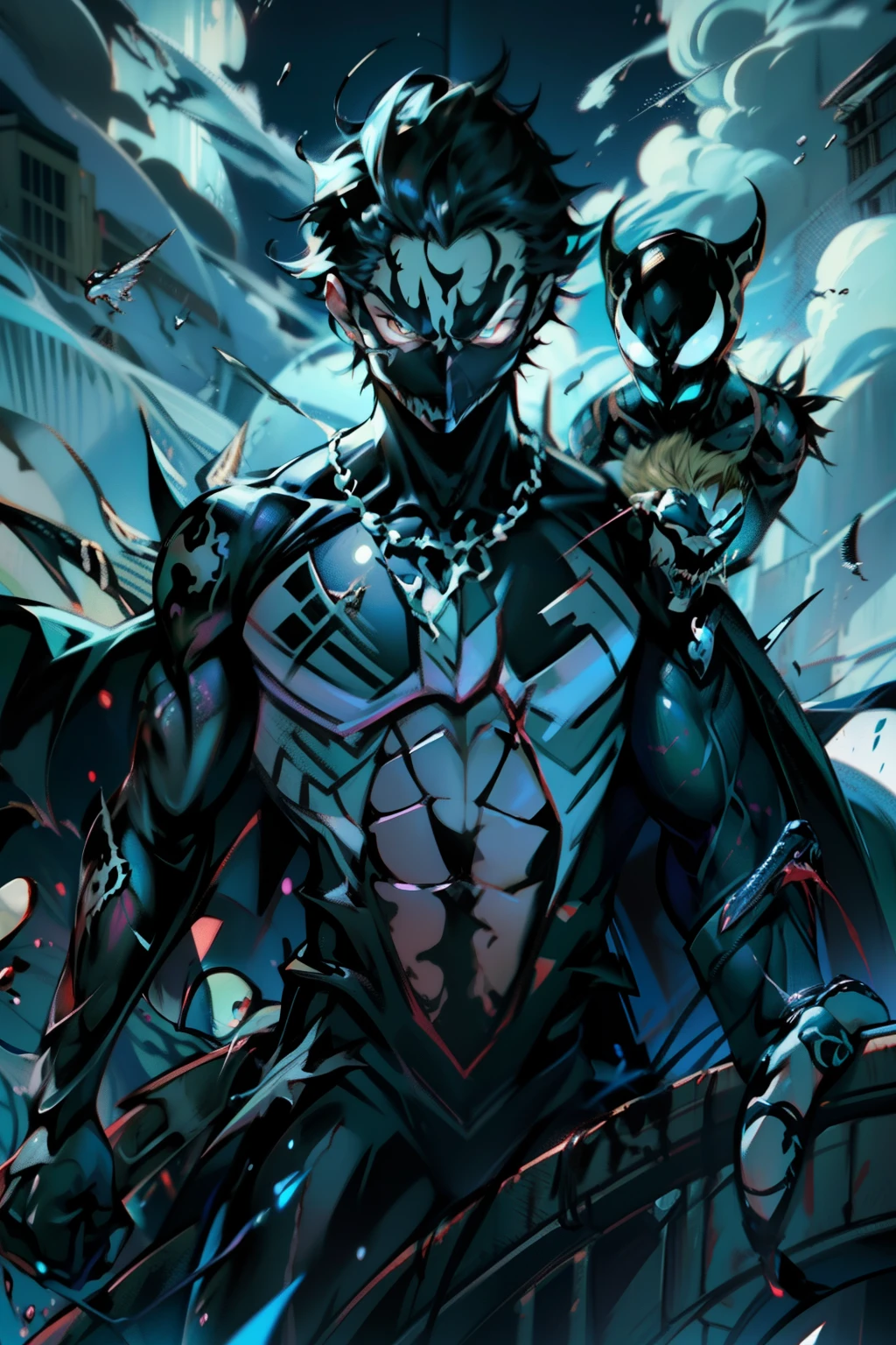 《the original god》Arataki Kazuto , male people， chest muscle， Sexy , Venom symbiote for your body, Black mucus of the body , into venom, venomize，Black bodysuit，（Cloak），Red cape，Abs，（Adult male）（（Venom possession，venom symbiote）），over-Tortoise Man，Battle damage，((Masterpiece)), ((Best quality)), Ultra detailed,((illustration)), Dynamic Angle, Detailed light, (Delicate eyes), Floating, 1boy, Male focus, Head, Clothing, Yellow eyes, necklace, tattoo, (Forehead:0.8), (ahoge:0.8), jewelry, brunette color hair,apathy，Ray， chest muscle， Sexy , Venom symbiote for your body, Black mucus of the body , （into venom）, Venom，frontage，Bust photo，White tight-fitting top，spiderman outfit，style of anime4 K， 4K anime wallpaper， Badass anime 8 K， 4 k comic wallpaper， young anime man， Anime boys， Anime wallpapers 4 k， Anime wallpaper 4K， High quality anime art style， Anime moe art style， Anime art wallpaper 8 K， Anime art wallpaper 4 K， RGB lighting，