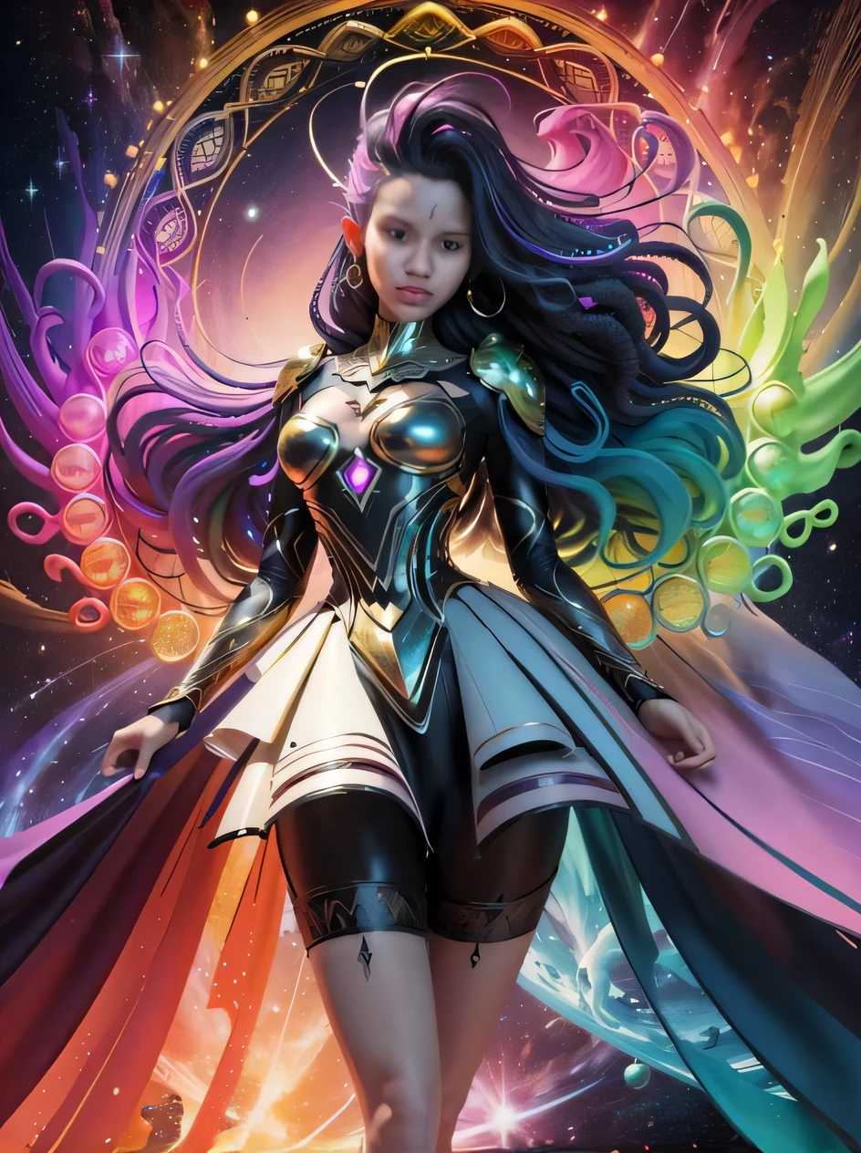 A woman in a colorful dress and cape standing in front of a colorful background, Artgerm Julie Bell Beeple, arte de fantasia digital colorida, Deusa ciborgue no cosmos, artgerm colorido!!!, arte de fantasia digital em alta, como visto no artgerm, estilo de artgerm, Artgerm extremamente detalhado, estilo artgerm