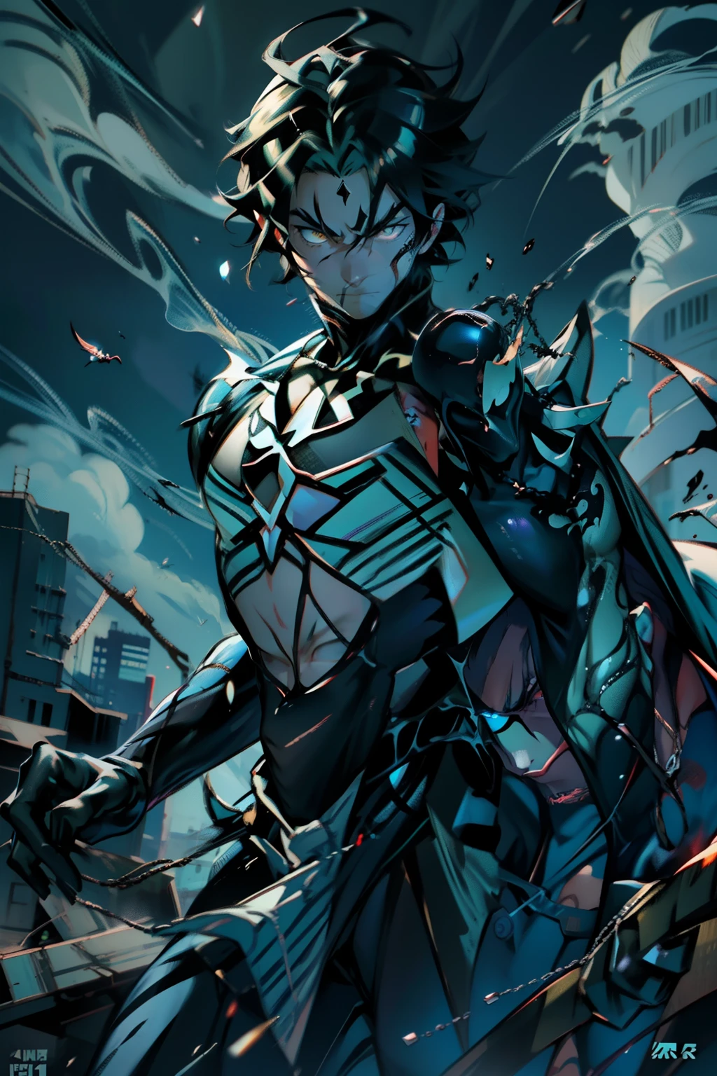 《the original god》Arataki Kazuto , male people, chest muscle, Sexy , Venom symbiote for your body, Black mucus of the body , into venom, venomize,Black bodysuit,(Cloak),Red cape,Abs,(Adult male)((Venom possession,venom symbiote)),over-Tortoise Man,Battle damage,((Masterpiece)), ((Best quality)), Ultra detailed,((illustration)), Dynamic Angle, Detailed light, (Delicate eyes), Floating, 1boy, Male focus, Head, Clothing, Yellow eyes, necklace, tattoo, (Forehead:0.8), (ahoge:0.8), jewelry, brunette color hair,apathy,Ray, chest muscle, Sexy , Venom symbiote for your body, Black mucus of the body , (into venom), Venom,frontage,Bust photo,White tight-fitting top,spiderman outfit,style of anime4 K, 4K anime wallpaper, Badass anime 8 K, 4 k comic wallpaper, young anime man, Anime boys, Anime wallpapers 4 k, Anime wallpaper 4K, High quality anime art style, Anime moe art style, Anime art wallpaper 8 K, Anime art wallpaper 4 K, RGB lighting,