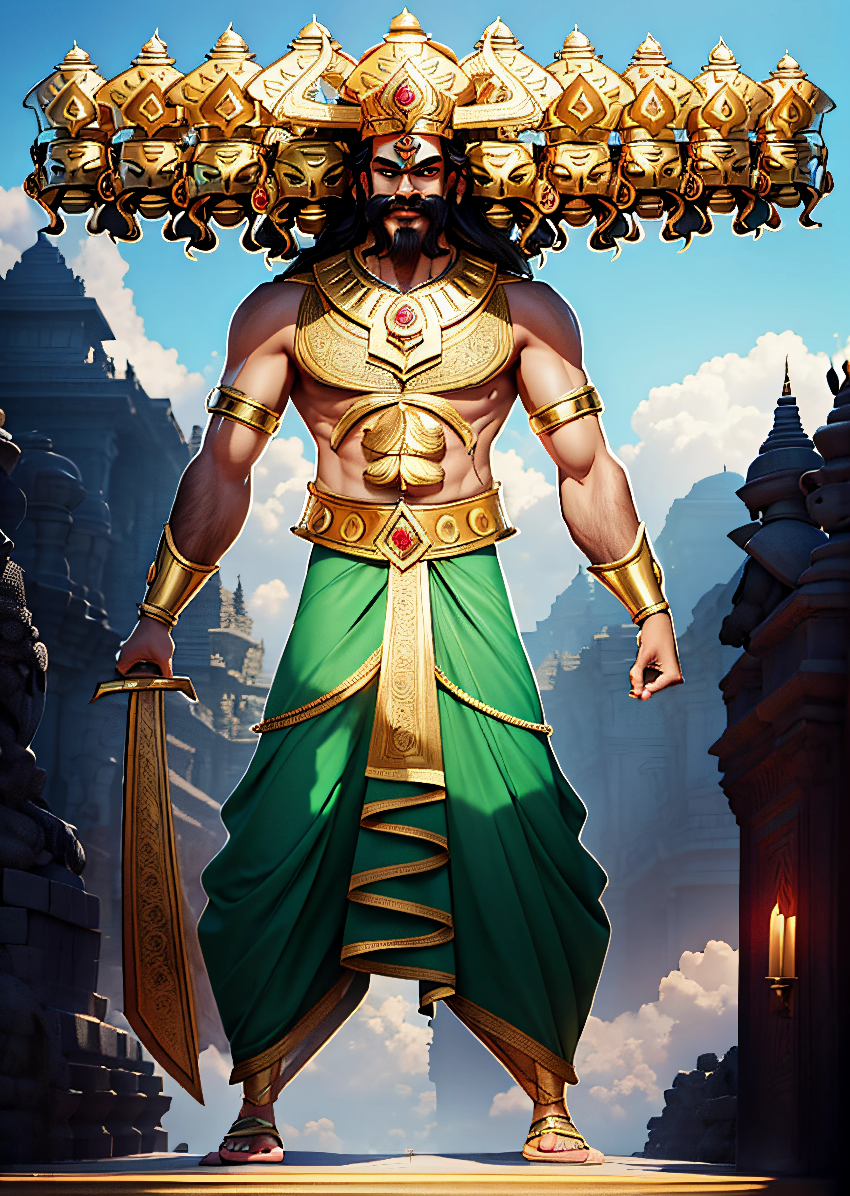 Create an image of Ravana standing tall with his ten heads arranged in a crown-like formation on his shoulders. He should be depicted with a confident and powerful demeanor, wearing elaborate and regal attire. The setting should reflect the grandeur of his kingdom, Lanka, with opulent architecture and a hint of mystical elements