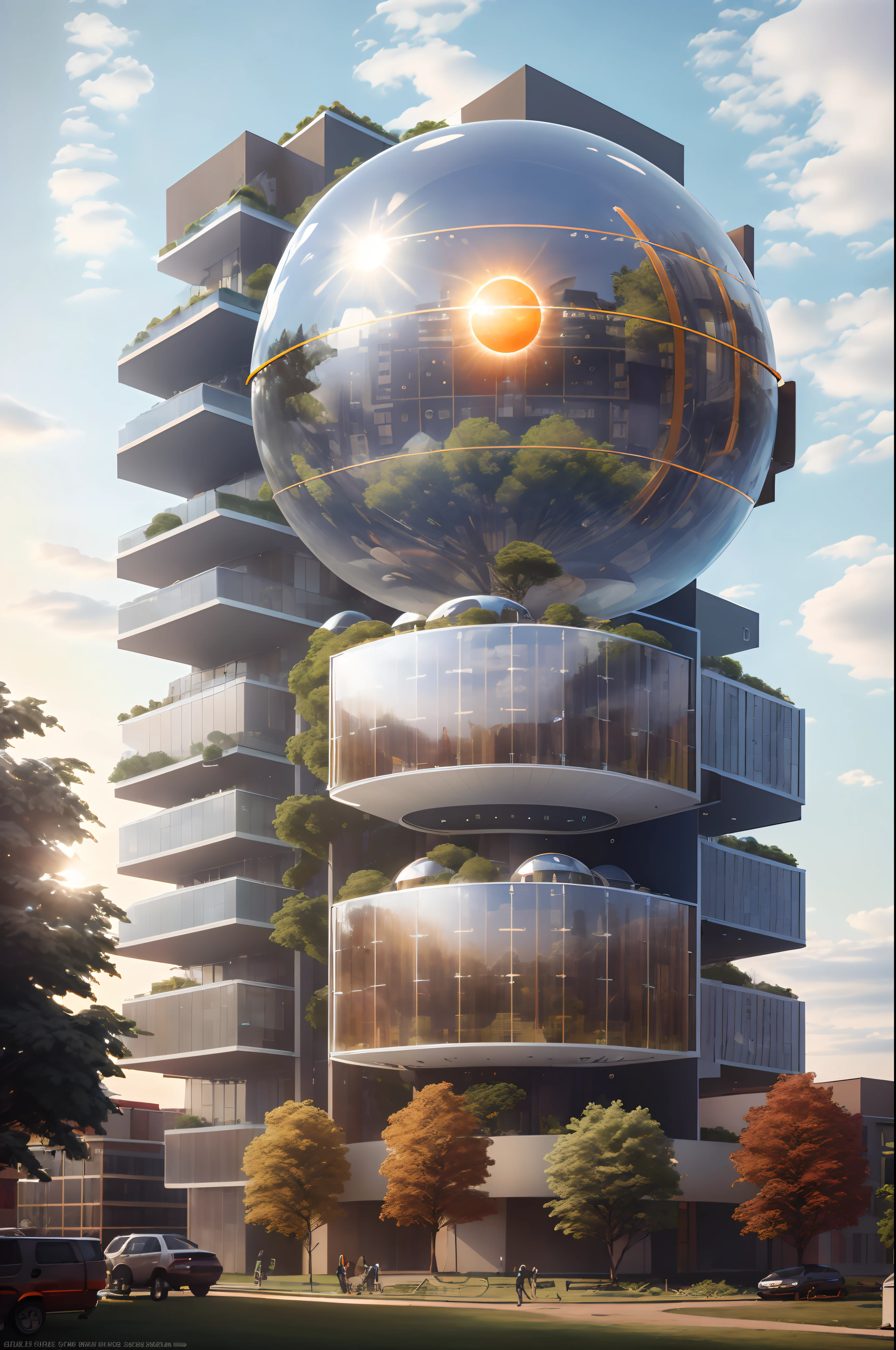 high solar energy technology, modern architecture, scientific home, semi-spherical exterior home, metallic, forest, daylight, sky, white cloud, realistic, futuristic, 8K, masterpiece, best quality, high resolution, extremely full detailed,