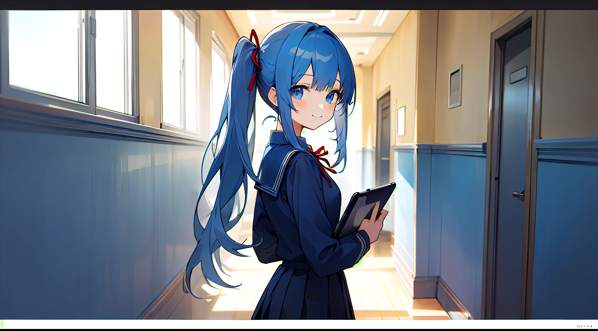 Schools、hallway、Large area、Anime girl with tablet PC((Save documents and tablets))、20yr old、Upper body, mid-shot,posterior view、Looks Back、 femele, Detailed eyes, ((Beautiful woman walking in the hallway)),Semi-long hair, Blue hair,poneyTail、 Bangs,Dark blue uniform、Red ribbons、pleatedskirt、headphones、Long sleeves,、frontage、 A slight smil、A smile