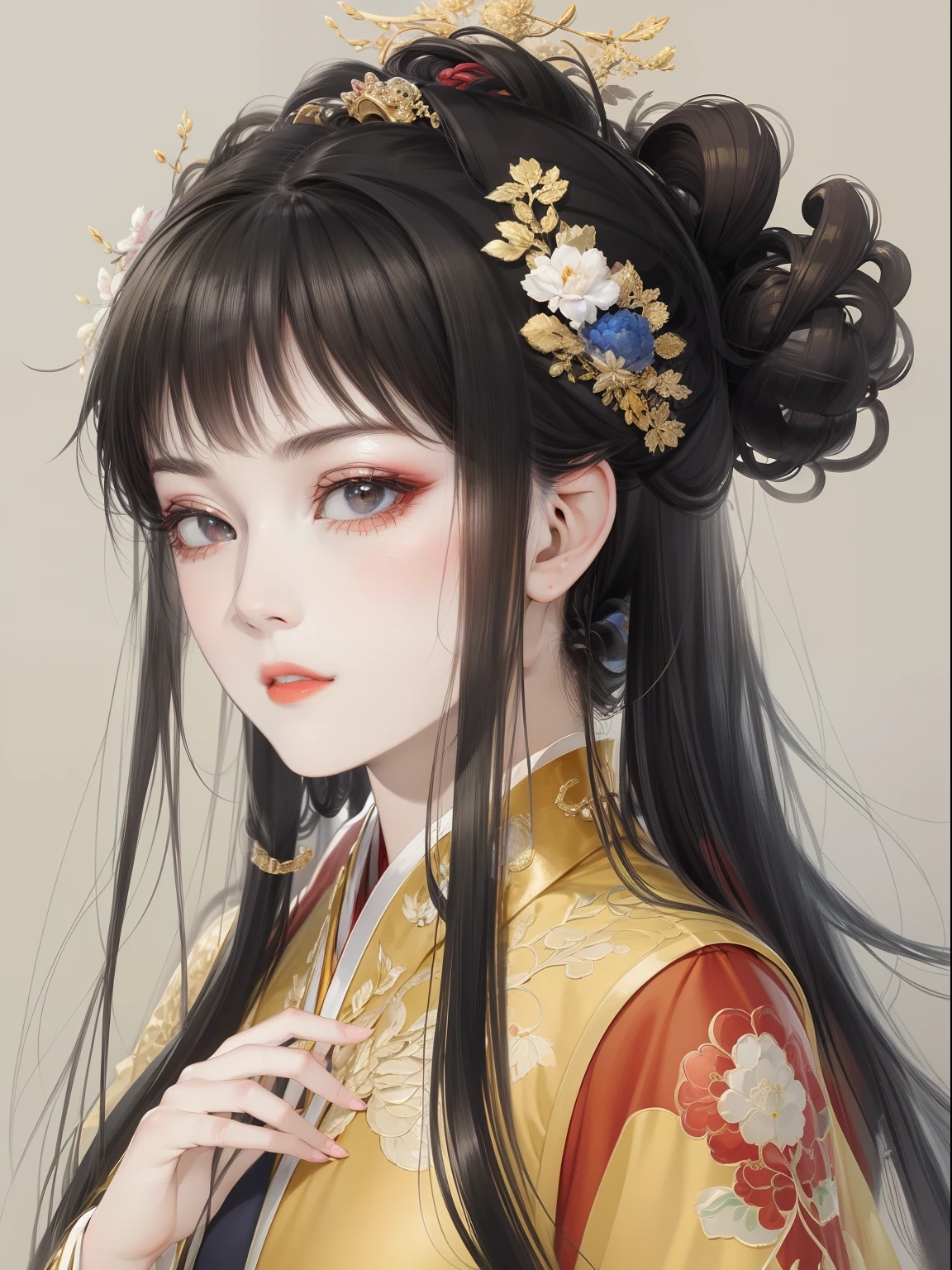 A beautiful girl in ancient China，The facial features are delicate and fair，Cool temperament，Red clothes，Black hair coiled into a bun，Wears a gold coat on his head，Chinese Song Dynasty clothing，Red gold maxi dress，Long black hair, rays of sunshine，Clear face，ultraclear，tmasterpiece，ultra - detailed，high qulity，HighestQuali，The main color is red，Background simple elements。Invisible hands，No hands。