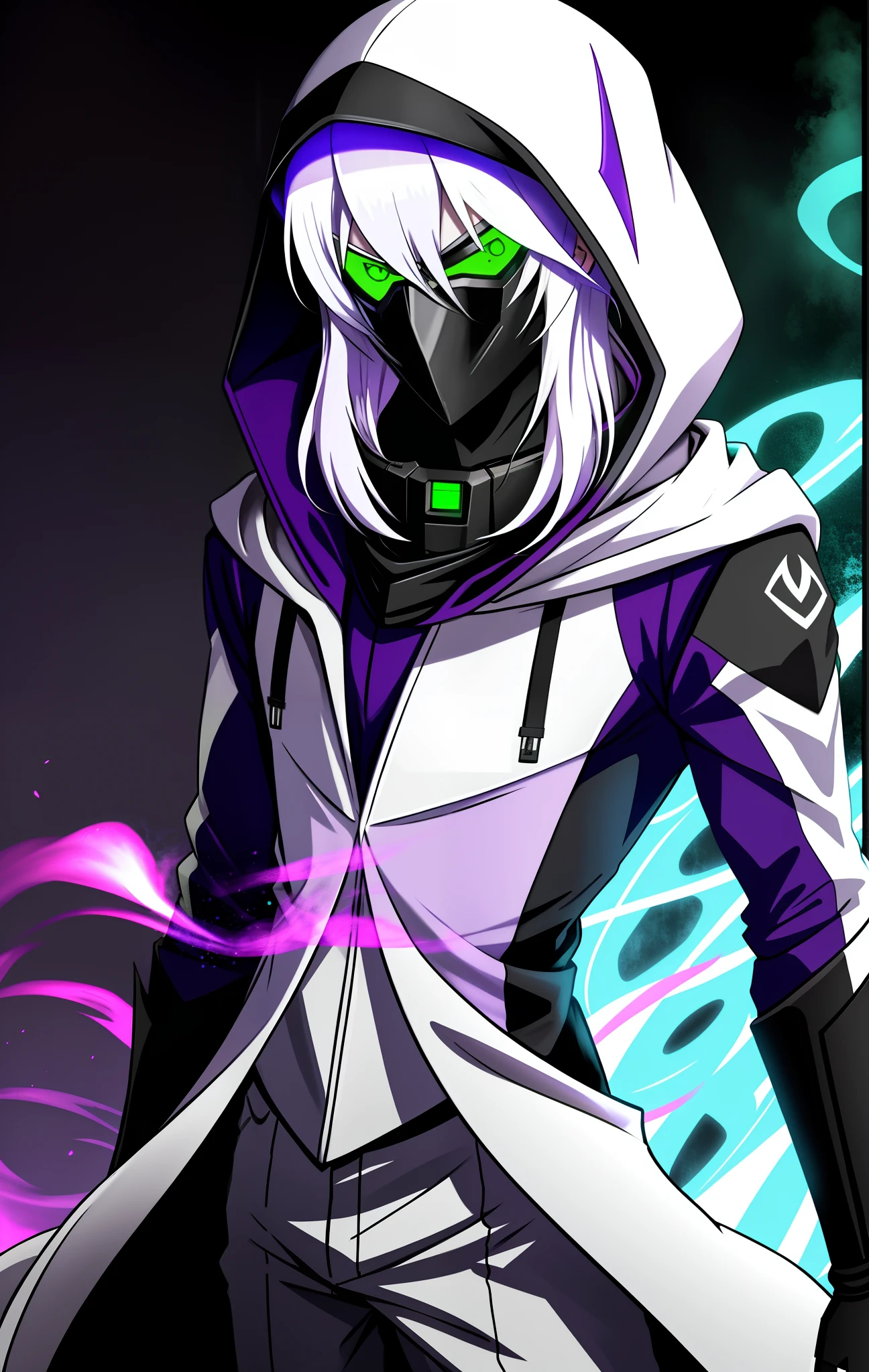 male, 20s, pale skin, long white hair, radiation containment suit, evil look, green eyes, very thin, ill, with hood, black suit, with purple smoke around, with purple scarf, wearing steel mask