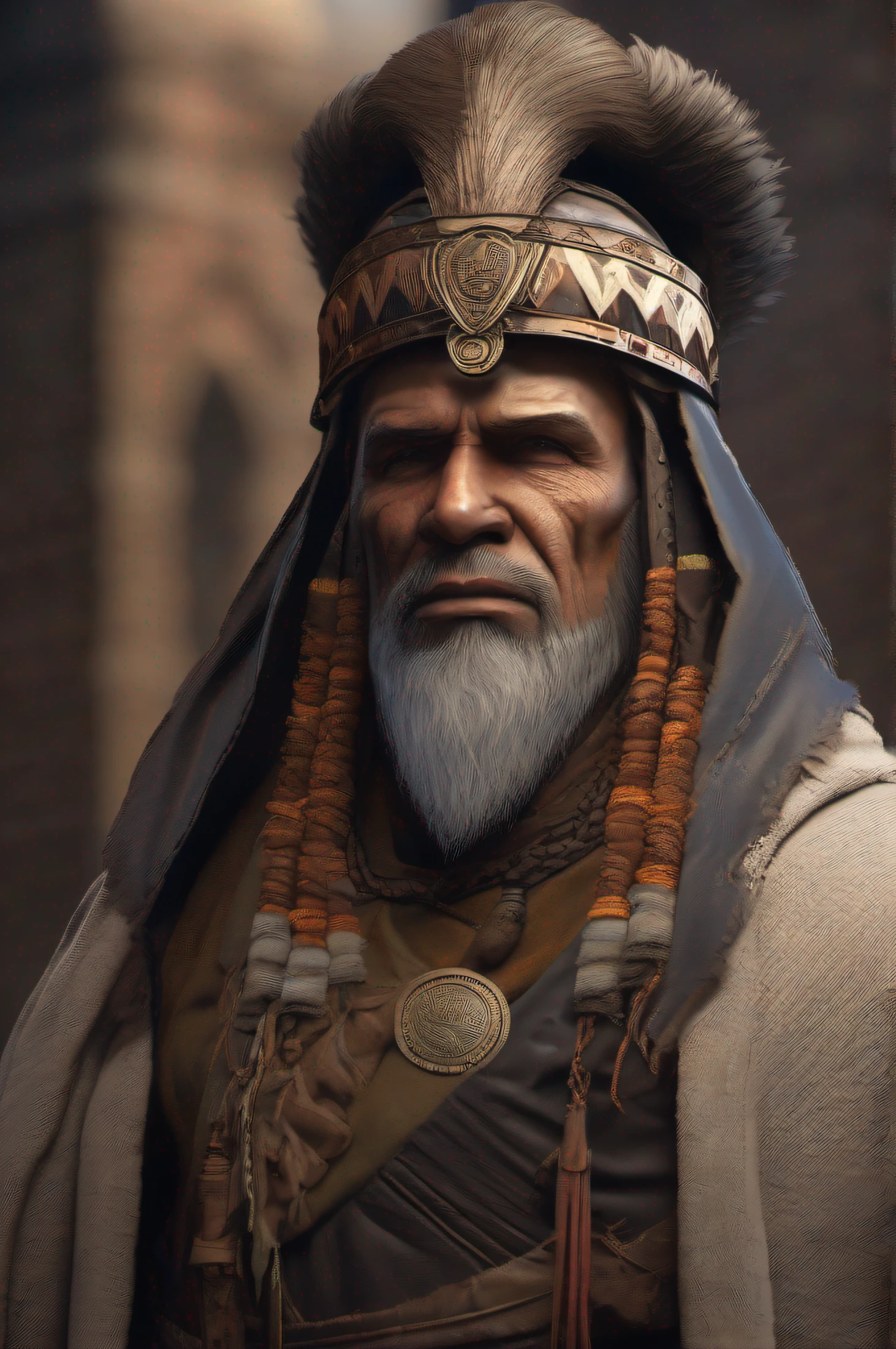 A Bronze Age man, mystery, headdress, forehead markers, jichemi, concept art, high detail, expressionism, depth of field, shadow, UHD, textured skin, high resolution