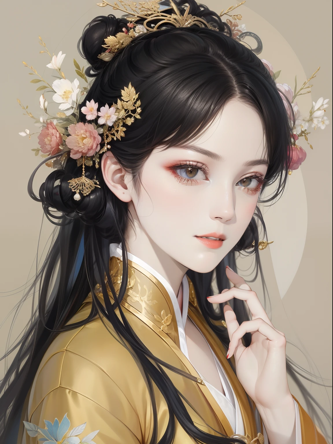 A beautiful girl in ancient China，The facial features are delicate and fair，Cool temperament，Red clothes，Black hair coiled into a bun，Wears a gold coat on his head，Chinese Song Dynasty clothing，Red gold maxi dress，Long black hair, rays of sunshine，Clear face，ultraclear，tmasterpiece，ultra - detailed，high qulity，HighestQuali，The main color is red，Background simple elements。Invisible hands，No hands。