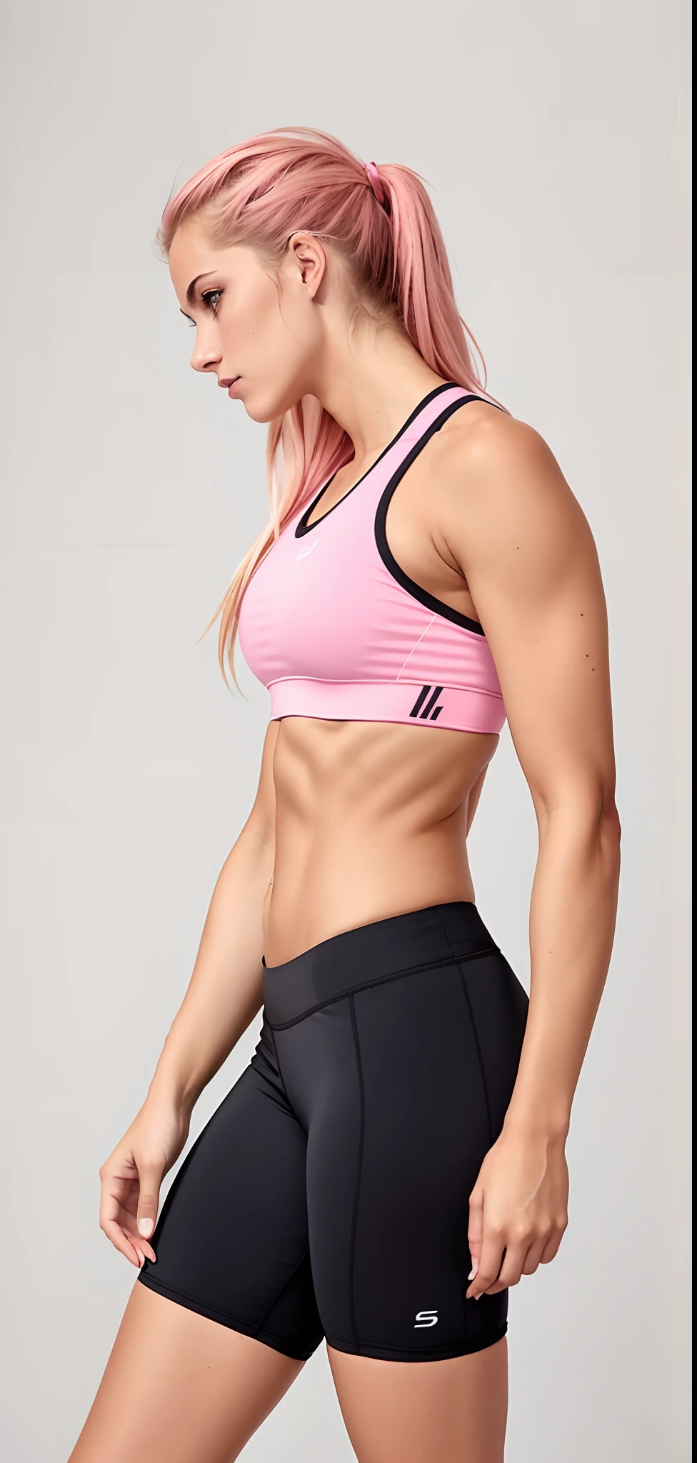 A gorgeous woman in a pink sports bra top and black shorts, brassier, Esporte bom, sports bra, top de cabresto rosa quente, sport bra and shirt, Top de cabresto rosa, detailed sports bra, sport bra and shorts, upper torso included, olhando de lado!, neon pink, costas arqueadas, athletic muscle tone, roupas esportivas, usando equipamento de fitness, Titular Top