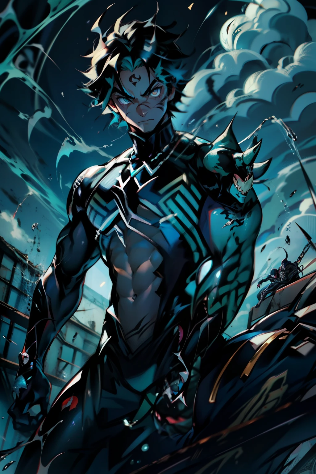 《the original god》Arataki Kazuto , male people， chest muscle， Sexy , Venom symbiote for your body, Black mucus of the body , into venom, venomize，Black bodysuit，（Cloak），Red cape，Abs，（Adult male）（（Venom possession，venom symbiote）），over-Tortoise Man，Battle damage，((Masterpiece)), ((Best quality)), Ultra detailed,((illustration)), Dynamic Angle, Detailed light, (Delicate eyes), Floating, 1boy, Male focus, Head, Clothing, Yellow eyes, necklace, tattoo, (Forehead:0.8), (ahoge:0.8), jewelry, brunette color hair,apathy，Ray， chest muscle， Sexy , Venom symbiote for your body, Black mucus of the body , （into venom）, Venom，frontage，Bust photo，White tight-fitting top，spiderman outfit，style of anime4 K， 4K anime wallpaper， Badass anime 8 K， 4 k comic wallpaper， young anime man， Anime boys， Anime wallpapers 4 k， Anime wallpaper 4K， High quality anime art style， Anime moe art style， Anime art wallpaper 8 K， Anime art wallpaper 4 K， RGB lighting，