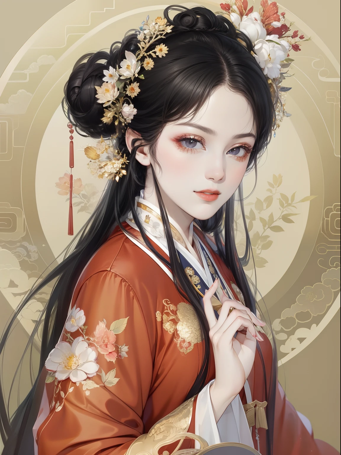 A beautiful girl in ancient China，The facial features are delicate and fair，Cool temperament，Red clothes，Black hair coiled into a bun，Wears a gold coat on his head，Chinese Song Dynasty clothing，Red gold maxi dress，Long black hair, rays of sunshine，Clear face，ultraclear，tmasterpiece，ultra - detailed，high qulity，HighestQuali，The main color is red，Background simple elements。Invisible hands，No hands。