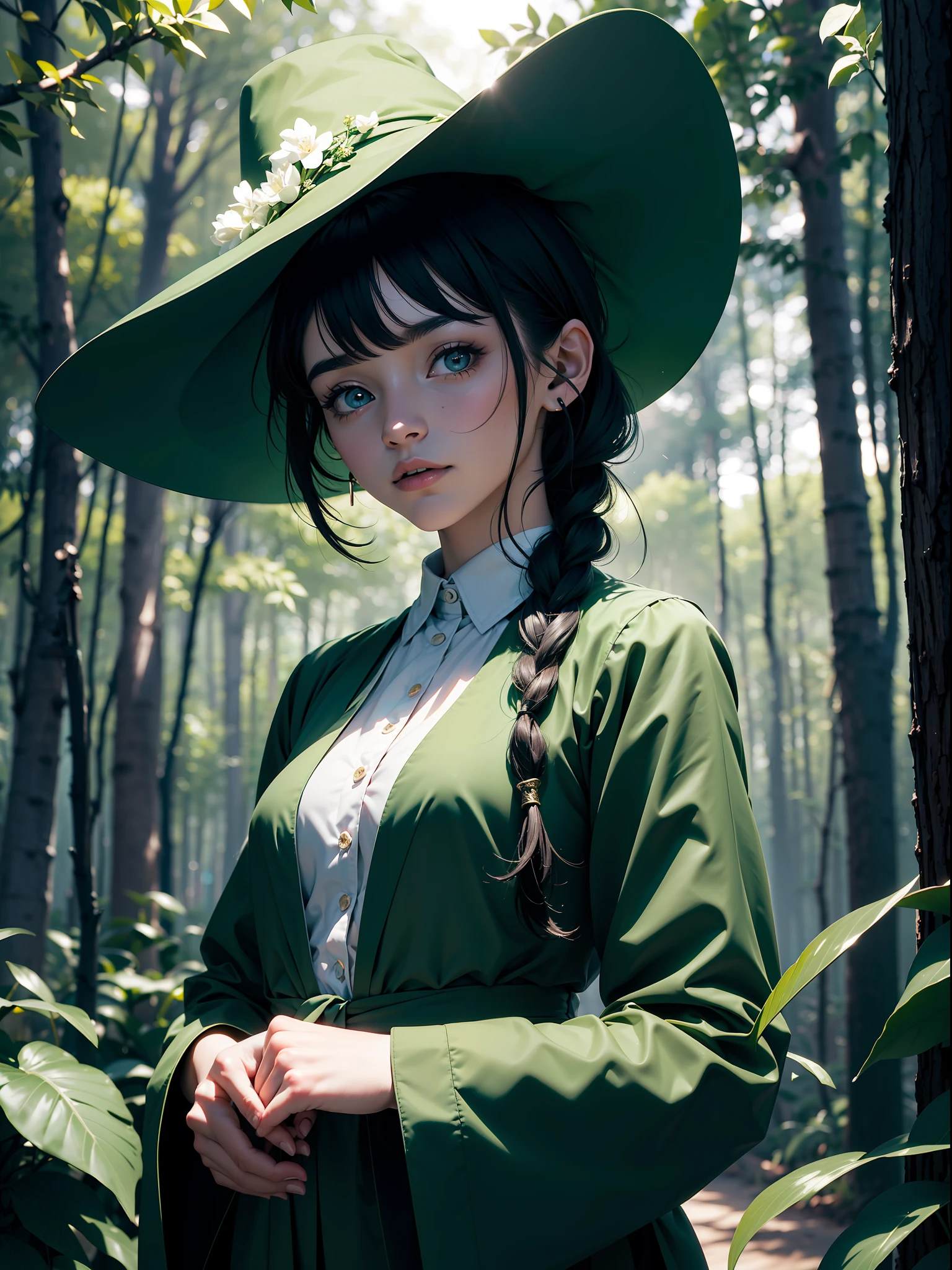 (Simple green witch robe and big green shirt,Cute girl with simple green witch big hat and braid, Cute black hair girl, Approx., short height, Dark hair , Green dressing gown, Split lips,Upper body, light Particle, forest, Intense sunlight,Effect of twinkling aerial light,Oversized shirt,lanthanum),masterpiece, top-quality, detailed skin textures, Detailed Cloth Texture, beautifull detailed face, intricate detailes, ultra-detailliert, Regina Display, Super Detail, high details, High quality, Best Quality, hight resolution, 1080p, in 8K,