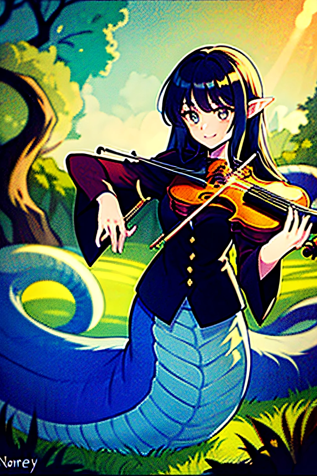 1girl, lamia，a beauty girl，gem-like eyes，naturey，playing violin，Love
