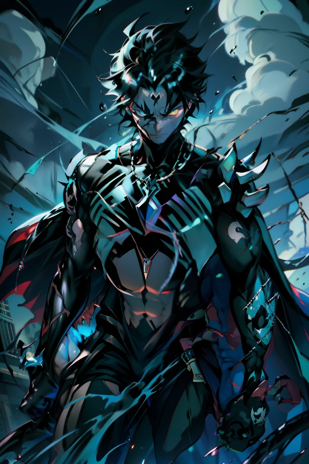 《the original god》Arataki Kazuto , male people, chest muscle, Sexy , Venom symbiote for your body, Black mucus of the body , into venom, venomize,Black bodysuit,(Cloak),Red cape,Abs,(Adult male)((Venom possession,venom symbiote)),over-Tortoise Man,Battle damage,((Masterpiece)), ((Best quality)), Ultra detailed,((illustration)), Dynamic Angle, Detailed light, (Delicate eyes), Floating, 1boy, Male focus, Head, Clothing, Yellow eyes, necklace, tattoo, (Forehead:0.8), (ahoge:0.8), jewelry, brunette color hair,apathy,Ray, chest muscle, Sexy , Venom symbiote for your body, Black mucus of the body , (into venom), Venom,frontage,Bust photo,White tight-fitting top,spiderman outfit,style of anime4 K, 4K anime wallpaper, Badass anime 8 K, 4 k comic wallpaper, young anime man, Anime boys, Anime wallpapers 4 k, Anime wallpaper 4K, High quality anime art style, Anime moe art style, Anime art wallpaper 8 K, Anime art wallpaper 4 K, RGB lighting,