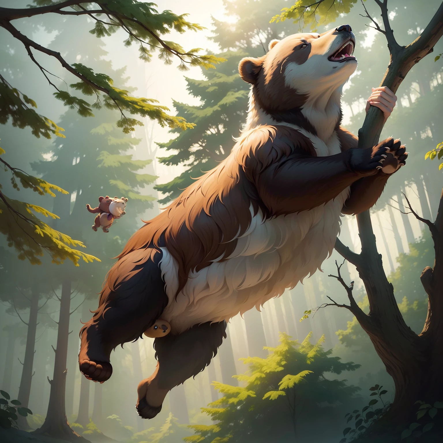 Painting of a brown bear jumping from branch to branch in the forest, Storybook illustration, Children's book illustration, Illustration for children's book, Cute storybook illustration, Children's book illustration, Children's book illustration, Children's book illustration stories, children's book illustration, storybook illustration, children's book illustration, illustrative art, Beeple and Jeremiah Ketner, Feng Zhu