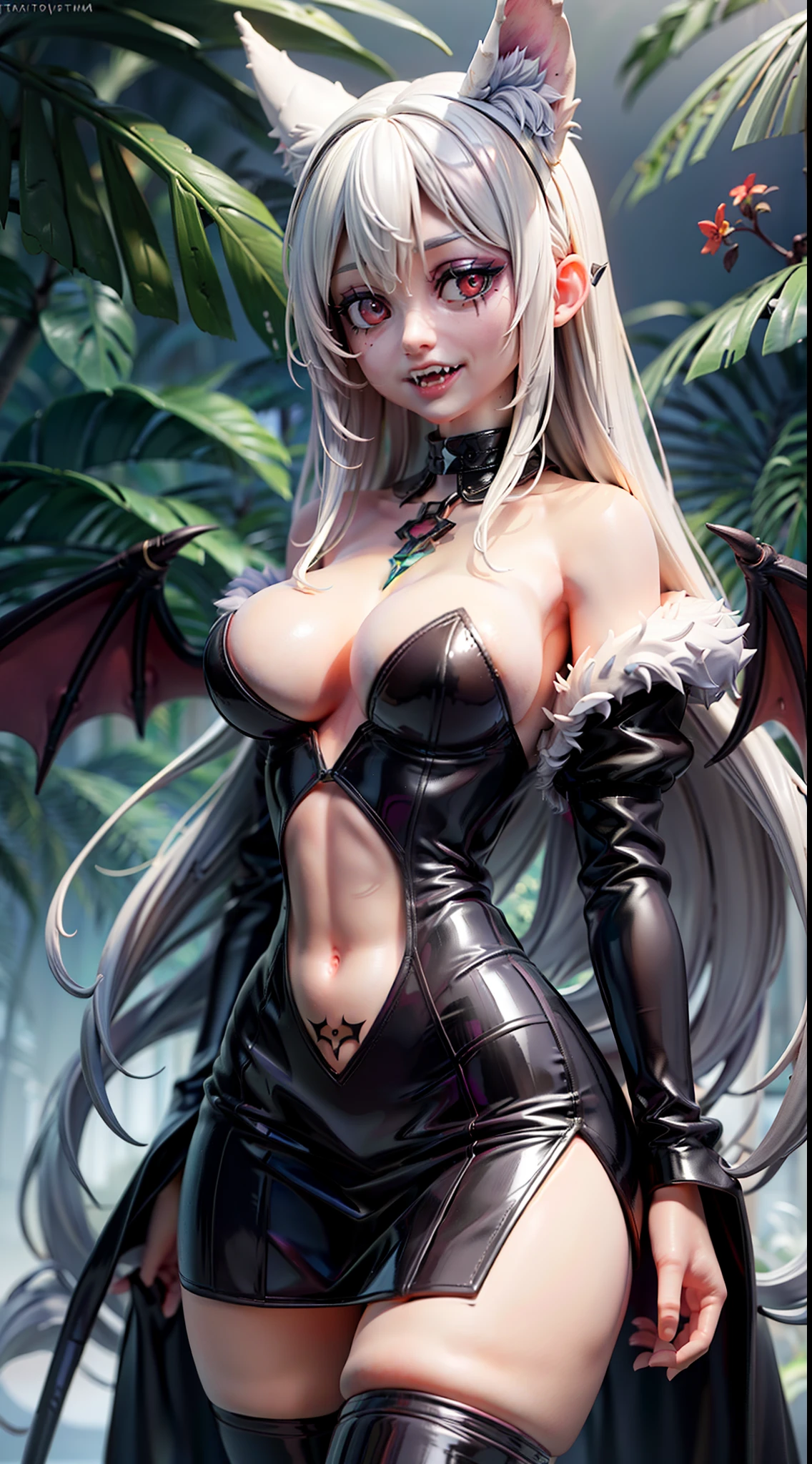 realistic photo of slaved (savage, tribal, jungle)_vampire with (white hair), bat fur, bat ears, coat|wings, ((fangs)), futuristic_extremely_detailed_tight_(lacy, silk, satin, leather, latex, fur)_(clothing, skirt), detailed face, detailed beautiful shiny red eyes, slit pupils, metallic reflections, ((tatooed, marked)_with_shining_runes)_fit_muscular_body, shiny white skin, tropical city ruins fog, 1girl, natural breasts, medium length white hair, masterpiece, best quality, beautiful and aesthetic:1.2, fractal art:1.4