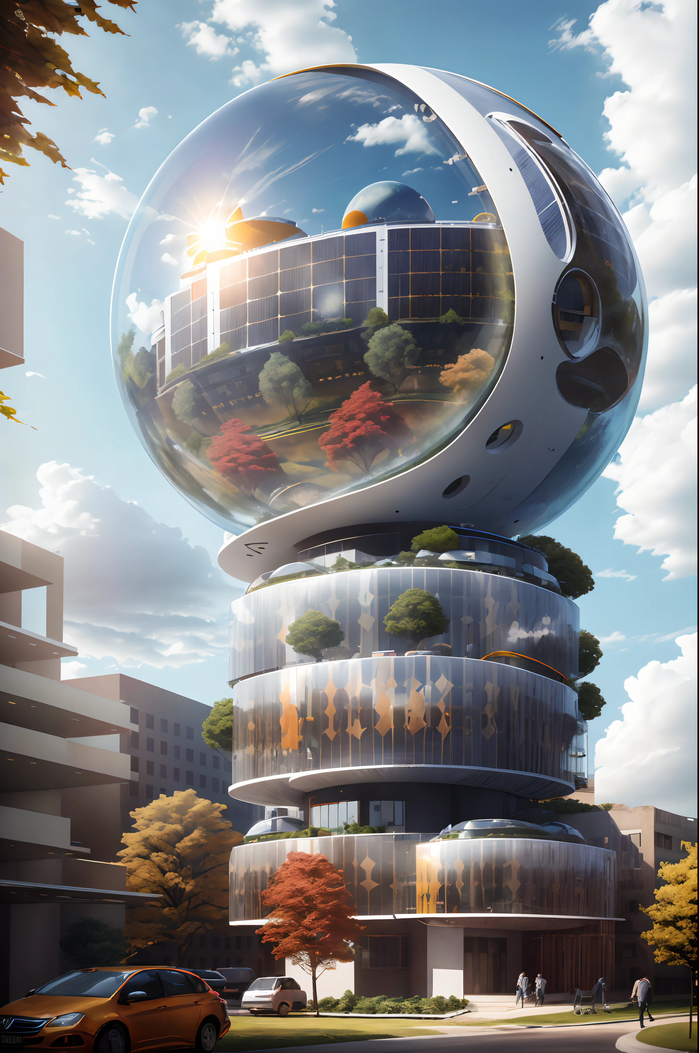 high solar energy technology, modern architecture, scientific home, semi-spherical exterior home, metallic, forest, daylight, sky, white cloud, realistic, futuristic, 8K, masterpiece, best quality, high resolution, extremely full detailed,