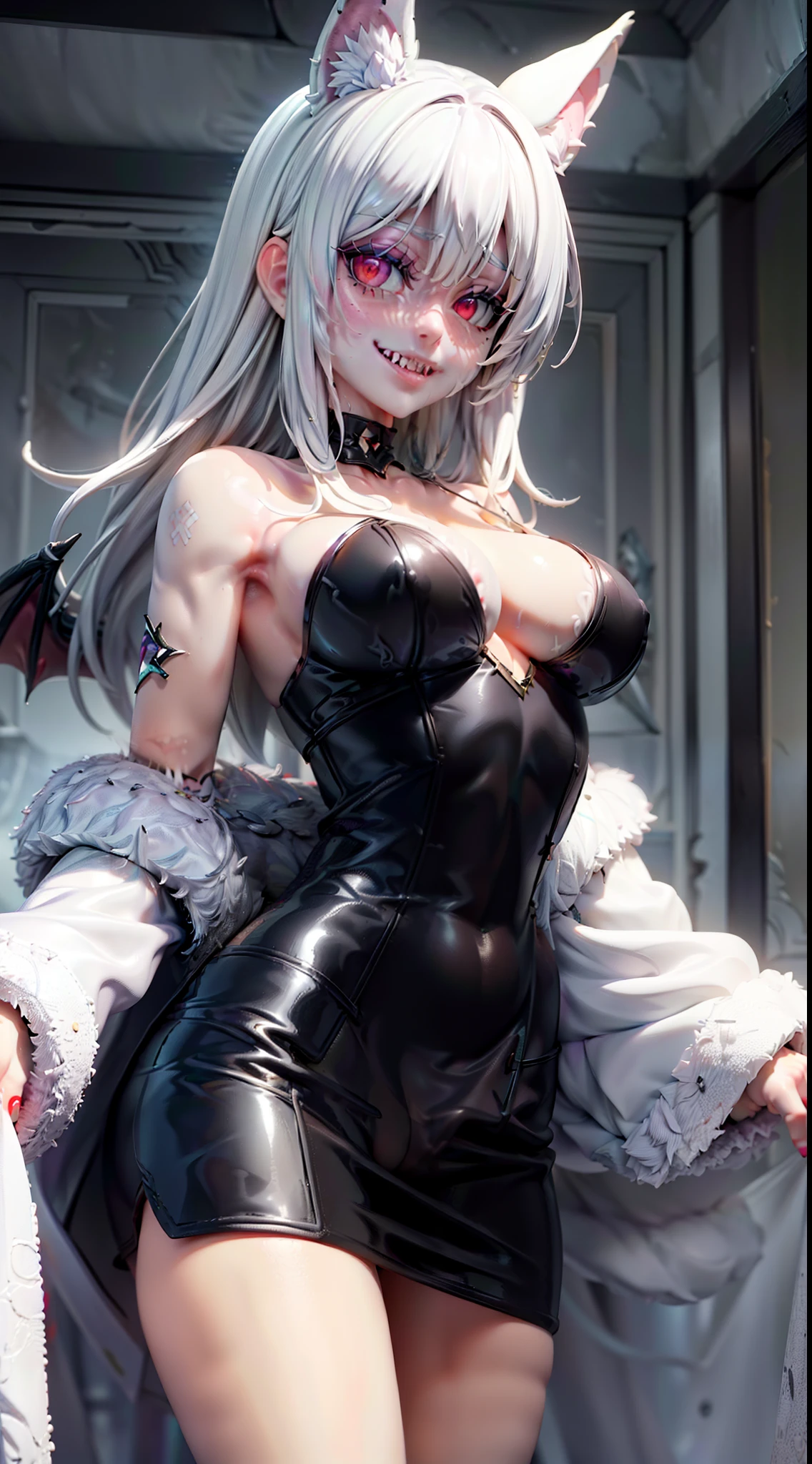 realistic photo of slaved (savage, tribal, jungle)_vampire with (white hair), bat fur, bat ears, coat|wings, ((fangs)), futuristic_extremely_detailed_tight_(lacy, silk, satin, leather, latex, fur)_(clothing, skirt), detailed face, detailed beautiful shiny red eyes, slit pupils, metallic reflections, ((tatooed, marked)_with_shining_runes)_fit_muscular_body, shiny white skin, tropical city ruins fog, 1girl, natural breasts, medium length white hair, masterpiece, best quality, beautiful and aesthetic:1.2, fractal art:1.4