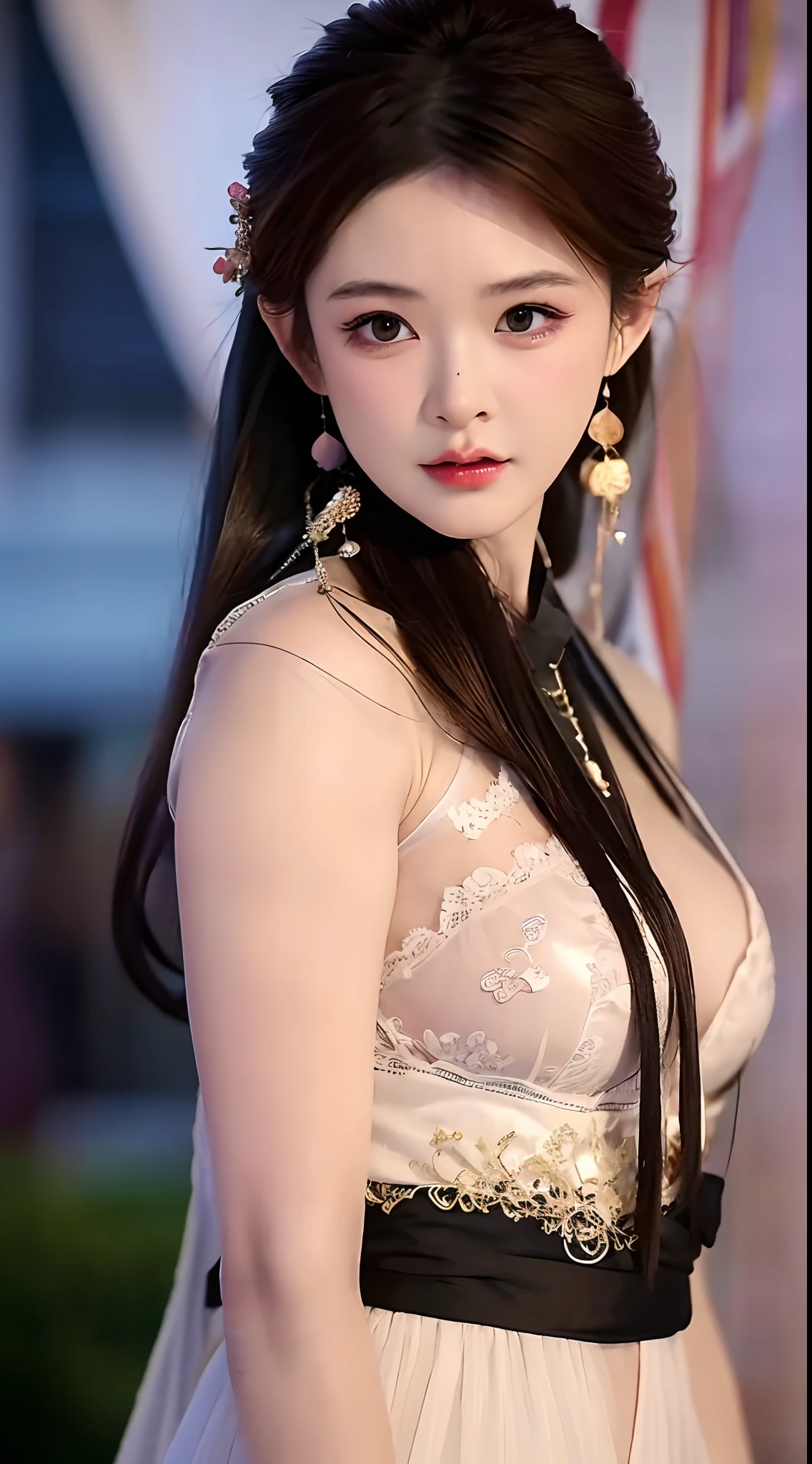 1 realistically beautiful girl, waist length hair, black eyes, ancient Ao Dai, style hanfu, wearing a thin silk shirt of ancient China, pink and smooth white skin, wearing a discreet ancient style ao dai, appears shoulders and head in the photo, plump red lips, pout, mouth shut, embarrassed, small face makeup detailed and very beautifull, breast augmentation, blum boobs, Cover the girl's chest with a camisole inside, blush, from front, wear earrings, necklaces, from above, looking at viewer, upturned eyes, full body, masterpiece, top quality, best quality, official art, unity 8k wallpaper, highres, ultra-high res, ultra-detailed, (photorealistic:1.2), alone, solo, Only 1 girl, style hanfu Dunhuang, 10x pixels, super realistic, ultra high quality, full body view of the girl, upper body,