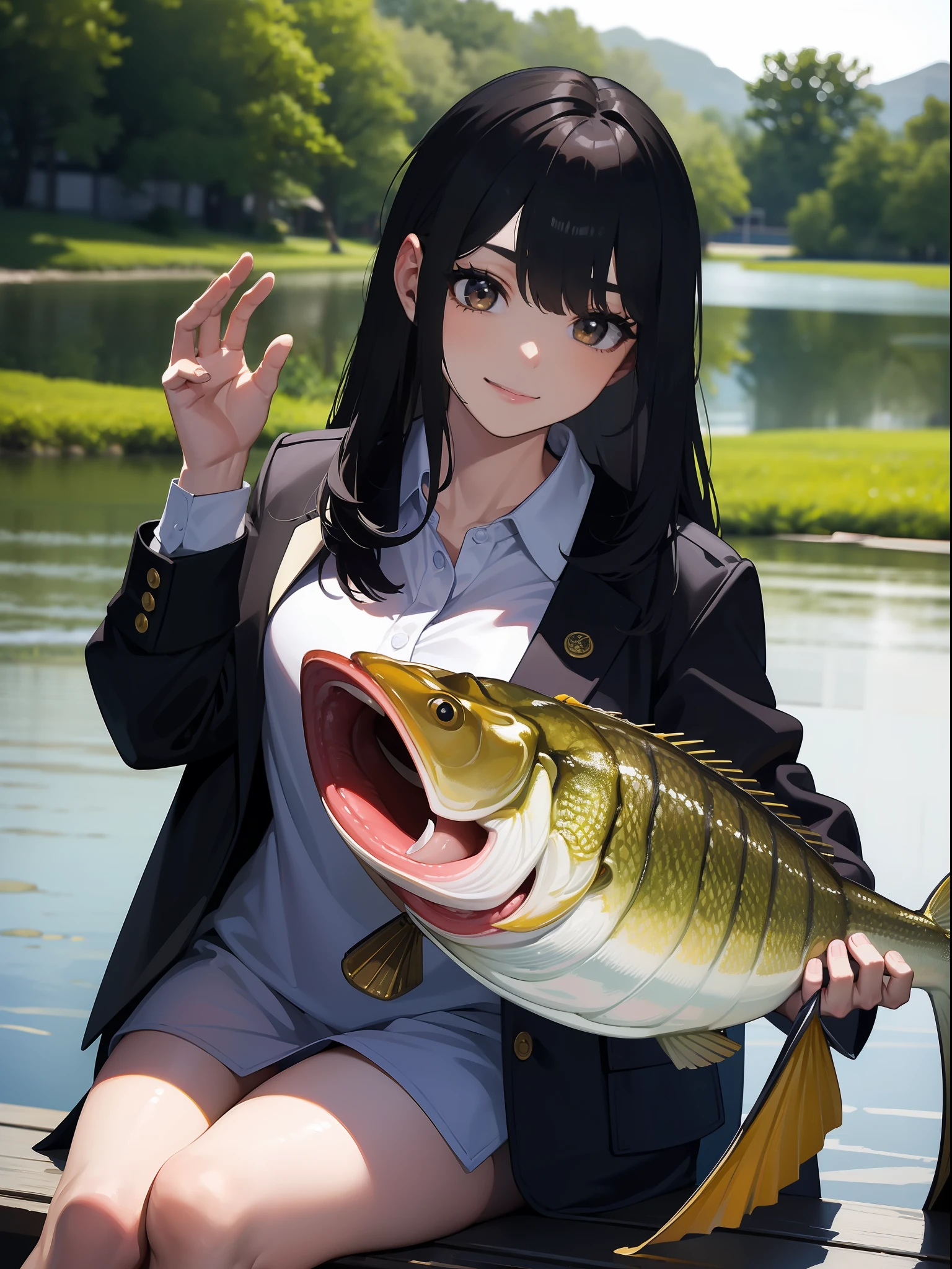 ((((Catching a large mouth bass by the lake)))),((Best quality, Masterpiece :1.3)),hight resolution,ultra-detailliert,Official art,Beauty and aesthetics,​masterpiece,best qualtiy,ighly detailed,1 japanese girl,black hair, long eye-lashes, solid circle eyes, smileing, drop shadow, atmospheric perspective,super detail, ccurate, best quality, small breasts,black jacket,