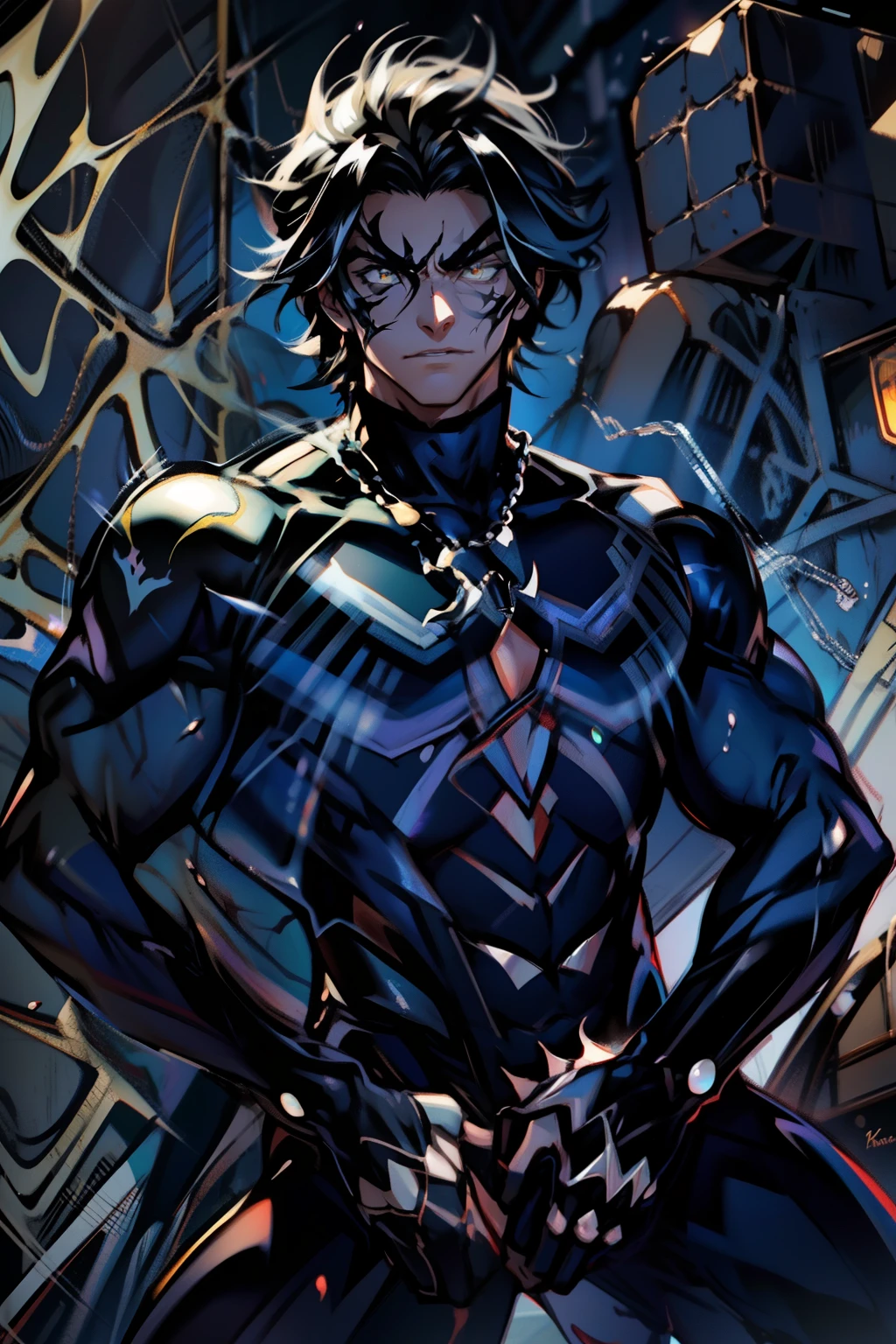 《the original god》Arataki Kazuto , male people， chest muscle， Sexy , Venom symbiote for your body, Black mucus of the body , into venom, venomize，Black bodysuit，（Cloak），Red cape，Abs，（Adult male）（（Venom possession，venom symbiote）），over-Tortoise Man，Battle damage，((Masterpiece)), ((Best quality)), Ultra detailed,((illustration)), Dynamic Angle, Detailed light, (Delicate eyes), Floating, 1boy, Male focus, Head, Clothing, Yellow eyes, necklace, tattoo, (Forehead:0.8), (ahoge:0.8), jewelry, brunette color hair,apathy，Ray， chest muscle， Sexy , Venom symbiote for your body, Black mucus of the body , （into venom）, Venom，frontage，Bust photo，White tight-fitting top，spiderman outfit，style of anime4 K， 4K anime wallpaper， Badass anime 8 K， 4 k comic wallpaper， young anime man， Anime boys， Anime wallpapers 4 k， Anime wallpaper 4K， High quality anime art style， Anime moe art style， Anime art wallpaper 8 K， Anime art wallpaper 4 K， RGB lighting，