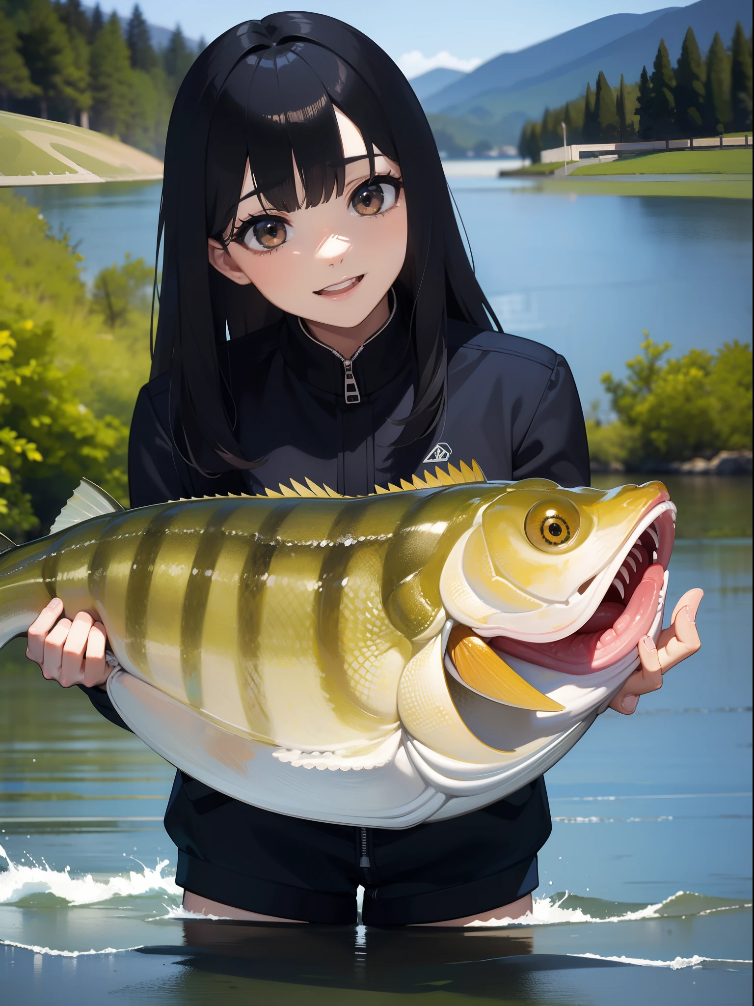 ((((Catching a large mouth bass by the lake)))),((Best quality, Masterpiece :1.3)),hight resolution,ultra-detailliert,Official art,Beauty and aesthetics,masterpiece,best qualtiy,ighly detailed,1 japanese girl,black hair, long eye-lashes, solid circle eyes, smileing, drop shadow, atmospheric perspective,super detail, ccurate, best quality, small breasts,black jacket,