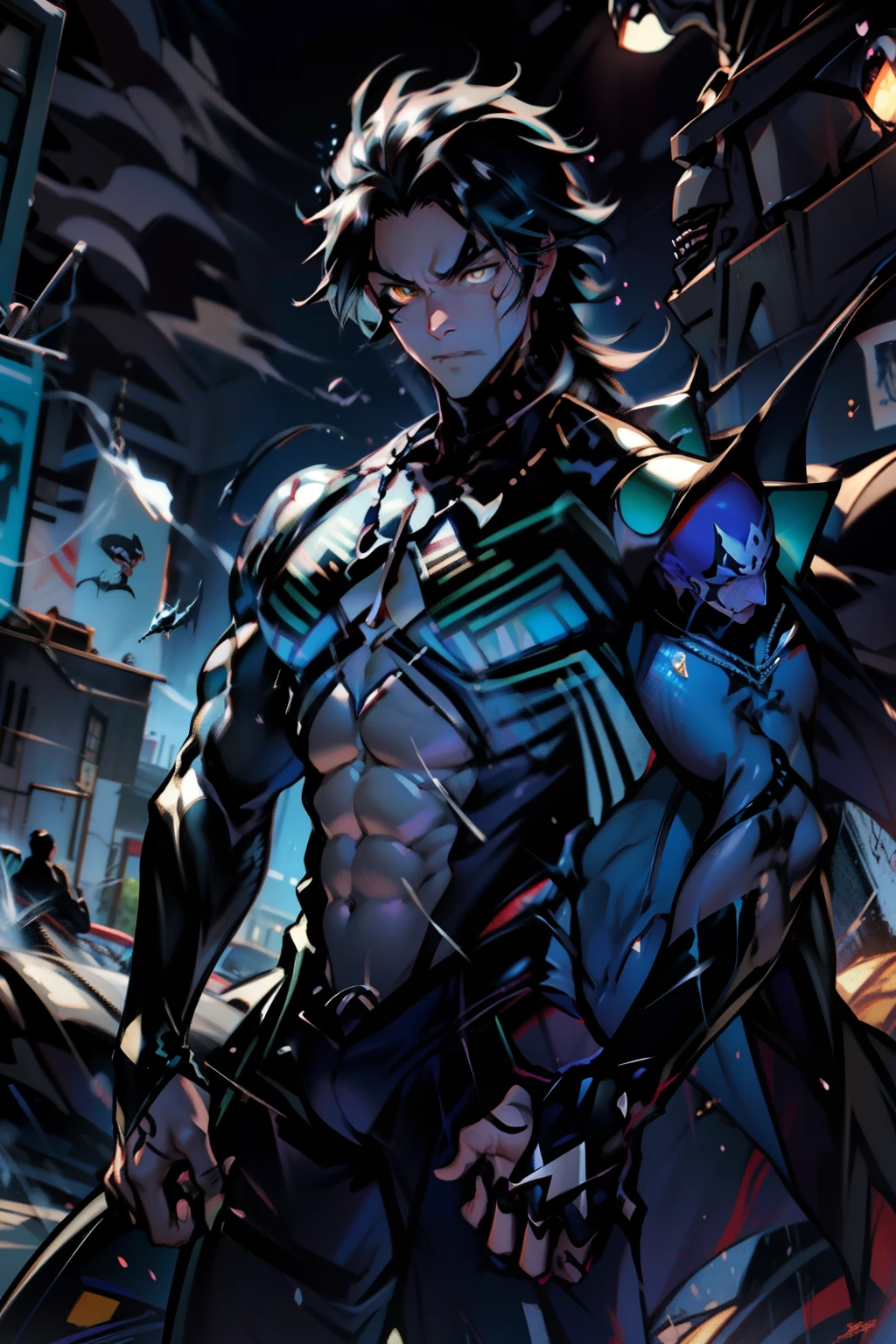 《the original god》Arataki Kazuto , male people， chest muscle， Sexy , Venom symbiote for your body, Black mucus of the body , into venom, venomize，Black bodysuit，（Cloak），Red cape，Abs，（Adult male）（（Venom possession，venom symbiote）），over-Tortoise Man，Battle damage，((Masterpiece)), ((Best quality)), Ultra detailed,((illustration)), Dynamic Angle, Detailed light, (Delicate eyes), Floating, 1boy, Male focus, Head, Clothing, Yellow eyes, necklace, tattoo, (Forehead:0.8), (ahoge:0.8), jewelry, brunette color hair,apathy，Ray， chest muscle， Sexy , Venom symbiote for your body, Black mucus of the body , （into venom）, Venom，frontage，Bust photo，White tight-fitting top，spiderman outfit，style of anime4 K， 4K anime wallpaper， Badass anime 8 K， 4 k comic wallpaper， young anime man， Anime boys， Anime wallpapers 4 k， Anime wallpaper 4K， High quality anime art style， Anime moe art style， Anime art wallpaper 8 K， Anime art wallpaper 4 K， RGB lighting，