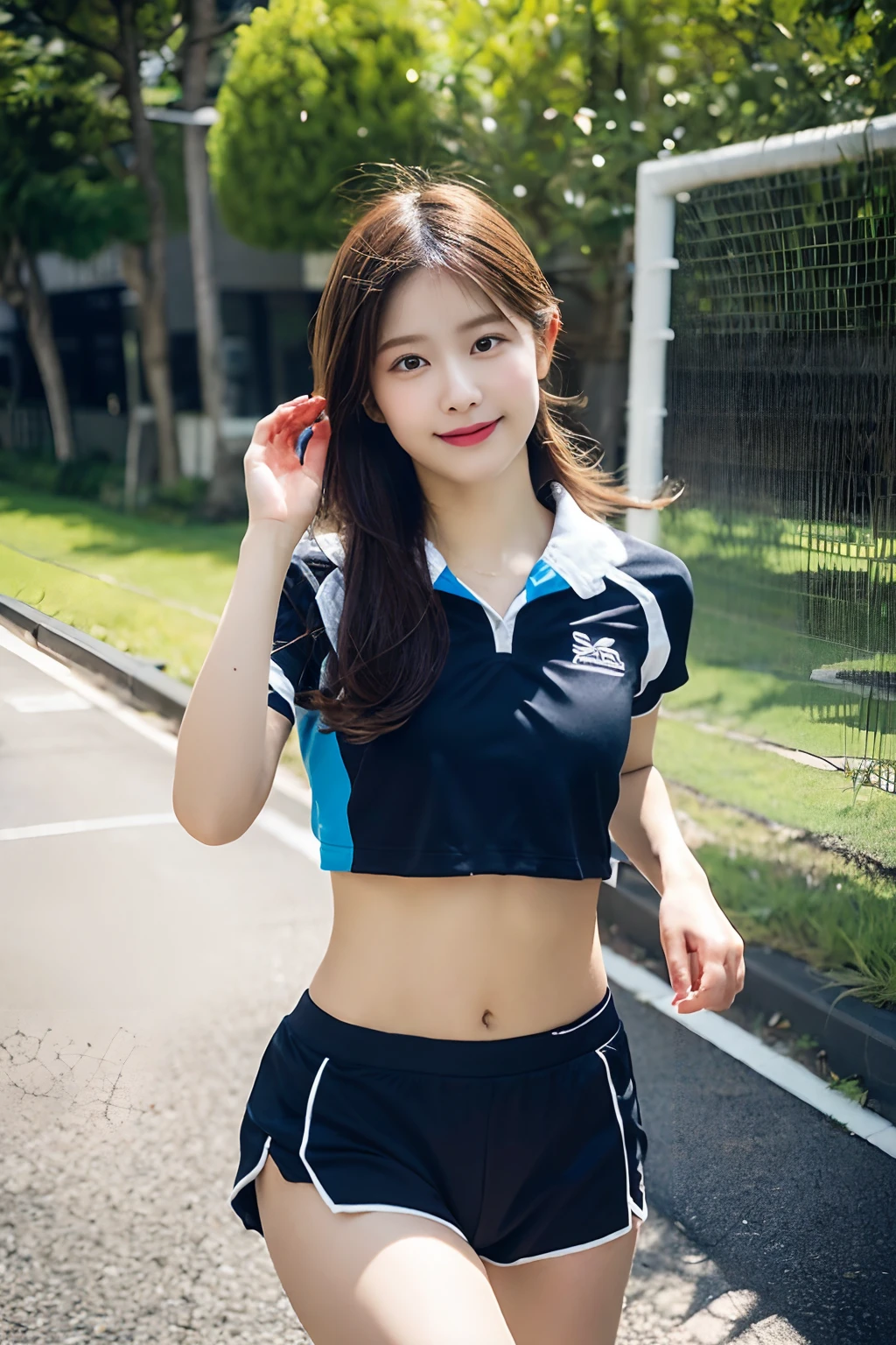 (((Sports, Short, Long, Running, Jogging, Marathon, Exercise, Athletics, Running, Running Posture, Running, Feeling of Galloping, Sweat, Sweat, Sweating Lots)))), ((Volley Uniform: 1.3, White, Red, Blue, Uniform: 1.3, Lower, Swaying, Hetero)), ((White, Red, Blue, Bloomers: 1.2, Low Rise)), (Athletics, Floating Hair NovaFrog Style, Floating Hair, Hair and Clothes That Flutter in the Wind, High School, Slender Abs: 1.2, Navel, Serious Look), (The shape of the pubic area is clearly visible)), Blushing, NSFW, 8k, RAW Photo: 1.2, (Best Quality: 1.4, Masterpiece: 1.4), Super Detail, Best Illustration, Ultra High Resolution, Portrait, Film Grain, 1girl, POV, Depth of Field, Photorealistic: 1.4, detailed hair, realistic hair, realistic lighting, realistic shadows, realistic clothing, realistic skin, natural skin texture, portrait: 0.6, light particles, lens flare, glowing particles: 0.6, bokeh: 1.2, clean: 1.8, professional lighting, photon mapping, radiosity, physically based rendering, incredibly absurd, Glossy skin, pale skin: 1.2, PureErosFace_v1: 0.7, fair skin: 1.1, round face: 1.5, mouth open, puffy eyes, purple eyes, double eyelids, egyosar: 1, floating hair, makeup, Japan girl, lovely thighs, shining thighs, shining legs