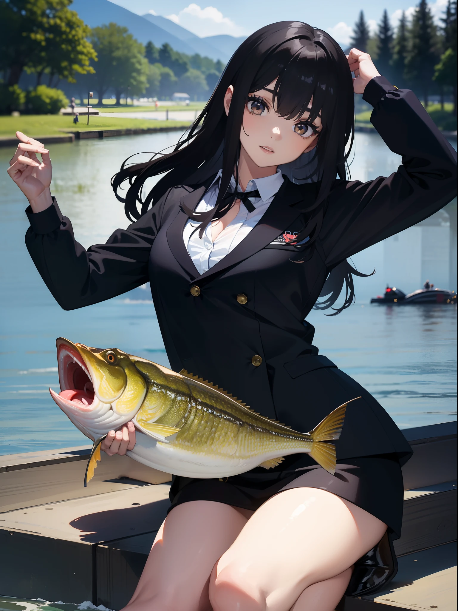 ((((Catching a large mouth bass by the lake)))),((Best quality, Masterpiece :1.3)),hight resolution,ultra-detailliert,Official art,Beauty and aesthetics,​masterpiece,best qualtiy,ighly detailed,1 japanese girl,black hair, long eye-lashes, solid circle eyes, Expressionless, drop shadow, atmospheric perspective,super detail, ccurate, best quality, small breasts,black jacket,