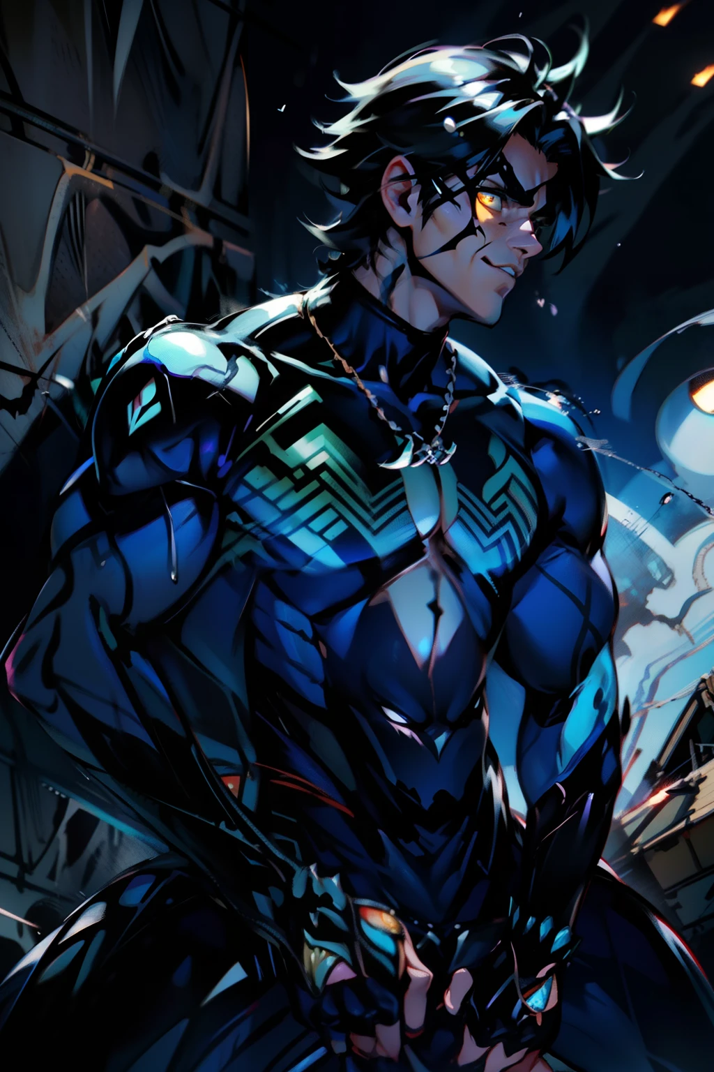 《the original god》Arataki Kazuto , male people, chest muscle, Sexy , Venom symbiote for your body, Black mucus of the body , into venom, venomize,Black bodysuit,(Cloak),Red cape,Abs,(Adult male)((Venom possession,venom symbiote)),over-Tortoise Man,Battle damage,((Masterpiece)), ((Best quality)), Ultra detailed,((illustration)), Dynamic Angle, Detailed light, (Delicate eyes), Floating, 1boy, Male focus, Head, Clothing, Yellow eyes, necklace, tattoo, (Forehead:0.8), (ahoge:0.8), jewelry, brunette color hair,apathy,Ray, chest muscle, Sexy , Venom symbiote for your body, Black mucus of the body , (into venom), Venom,frontage,Bust photo,White tight-fitting top,spiderman outfit,style of anime4 K, 4K anime wallpaper, Badass anime 8 K, 4 k comic wallpaper, young anime man, Anime boys, Anime wallpapers 4 k, Anime wallpaper 4K, High quality anime art style, Anime moe art style, Anime art wallpaper 8 K, Anime art wallpaper 4 K, RGB lighting,