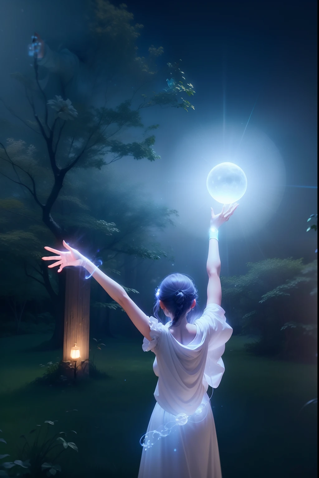 There was a woman holding a lamp in her hand, glowing lens flare wraith girl, holding a glowing sphere, a still of an ethereal, still from a music video, emanating magic from her palms, video still, a woman holding an orb, Magical light, the moonlit dance of the fae, magical glowing sphere in midair, girl under lantern