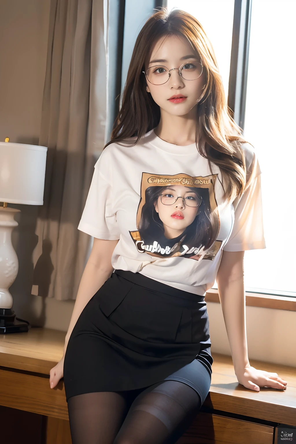 ulzzang-6500-v1.1,(raw photo:1.2), (photorealistic:1.4), beautiful detailed girl, very detailed eyes and face, beautiful detailed eyes, ridiculous, incredibly ridiculous, huge file size, super detailed, high resolution, very detailed, best quality, masterpiece, ((t-shirt)), illustration, very detailed, CG, unified, 8k wallpaper, amazing, fine details, masterpiece, Best quality, very detailed CG unified 8k wallpaper, face light, movie lighting, 1girl, , long white hair, side split, (big breasts), (no panties)), (with glasses), (dynamic pose), (sexy pose), ((camel toe))), (half), ((pantyhose)), ((black hip skirt)), (bent knees)))))